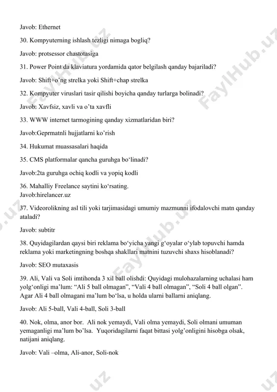 a yozing?- y=(x**2+x-3)/(x**2+5*x)+1/x 13. >>> print(1+2**3*4) natijani aniqlang?-33 14. >>>print a=’ informatika’ len(a)?-11 № savol mazmuni javob 1 qanday axborotga ilmiy axborot deyiladi? tabiat, jamiyat va fikrlashning ob’yektiv qonuniyatlarini ifodalovchi mantiqiy axborot 2 ms excel. a1=4, b1=5, c1=6 uchlik qiymatlari va a1=100, b1=500, c1=1000 uchlik qiymatlari uchun natijasi o‘zgarmaydigan formlani aniqlang =если(c1-a1>b1-a1; 5; 7) 3 ali, vali va soli imtihonda 3 xil ball olishdi: 3 yoki 4 yoki 5. quyidagi mulohazalarning faqat bittasi rostligi ma’lum: “ali 3 ball olgan”, “vali 5 ball olgan”, “soli 4 ball olmagan”. agar soli 3 ball olmagani ma’lum bo‘lsa, u holda o‘quvchilar olgan ballarni aniqlang. ali – 4 ball, vali – 3 ball, soli – 5 ball 4 axborot texnologiyasi – bu … axborotlarni olish, ishlov berish, taqdim etish usul va vositalari mosligi bo‘lib, foydalanuvchi talablaridan kelib chiqqan holda uning holatini, xossalarini, shaklini va mazmunini o‘zgartirishga qaratilgan 5 bilim deyilganda nimani tushunasiz? inson nazariy va …