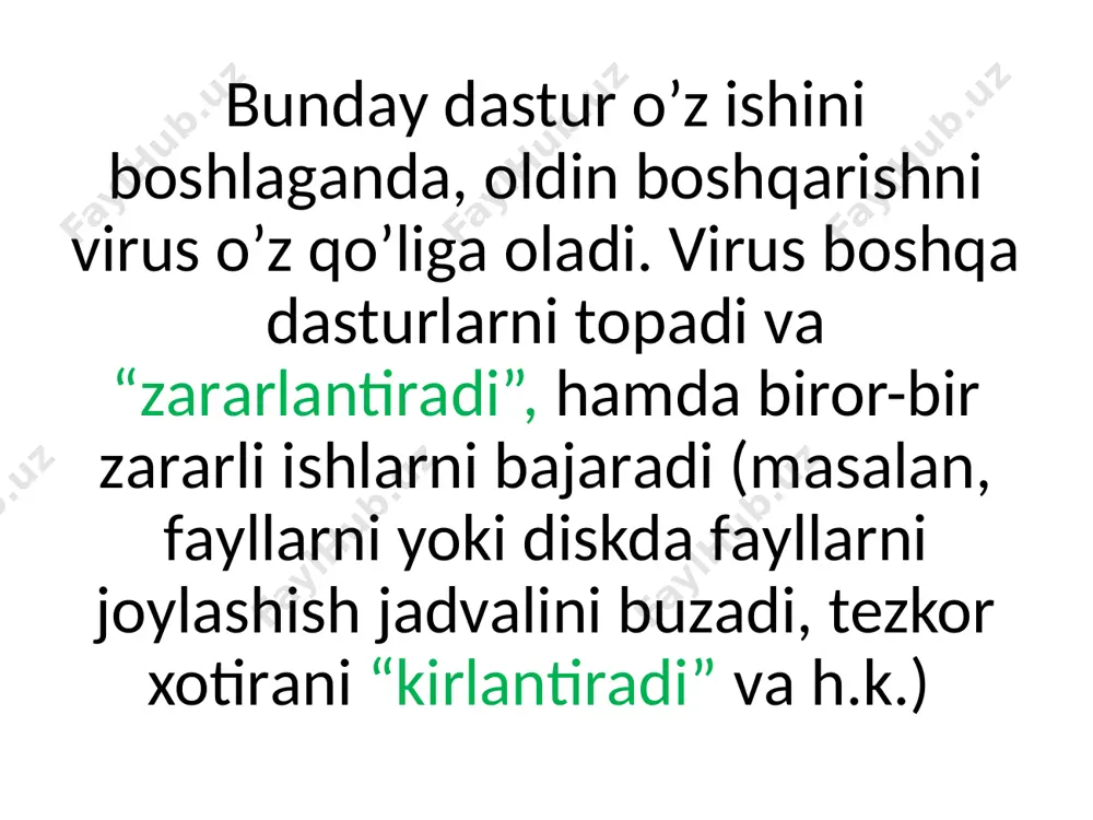 i berish; - komp’yuter ishlаshidа tez-tez bo’lаdigаn osilib qolishlаr vа buzilishlаr. 3. komp’yuter viruslаrining tаsnifi. hozirgi vаqtdа 800000 tаdаn ortiq dаsturli viruslаr mа’lumdir. ulаrni quyidаgi belgilаr bo’yichа tаsniflаsh mumkin: а) yashаsh muhiti bo’yichа; b) zаrаrlаntirish usuli bo’yichа; v) tа’sir etishi bo’yichа; g) аlgoritmning xususiyatlаri bo’yichа; a) yashаsh muhiti bo’yichа viruslаrning tаsniflаshi макровируслар ахборотни ишловчи замонавий тизимларнинг макро дастурларини ва файлларини, хусусан microsoft word, microsoft excel ва ҳ. каби оммавий муҳаррирларнинг файл хужжатларини ва электрон жадвалларини заҳарлайди. тармоқ вируслари ўзини тарқатишда компъютер тармоқлари ва электрон почта протоколлари ва командаларидан фойдаланади. баъзида тармоқ вирусларини "қурт" хилидаги дастурлар деб юритишади. тармоқ вируслари internet қуртларга (internet бўйича тарқалади), ircқуртларга (чатлар, inter­net relay chat) бўлинади. файл вируслари бажарилувчи файлларга турли усуллар билан кирити лади (энг кўп тарқалган вируслар хили), ёки файлйўлдошларни (компанъ­он вируслар) яратади ёки файлли тизимларни (linkвируслар) ташкил этиш хусусиятидан фойдаланади. юклама вируслар ўзини дискнинг юклама секторига (boot секторига) ёки винчестернинг тизимли юкловчиси (master …