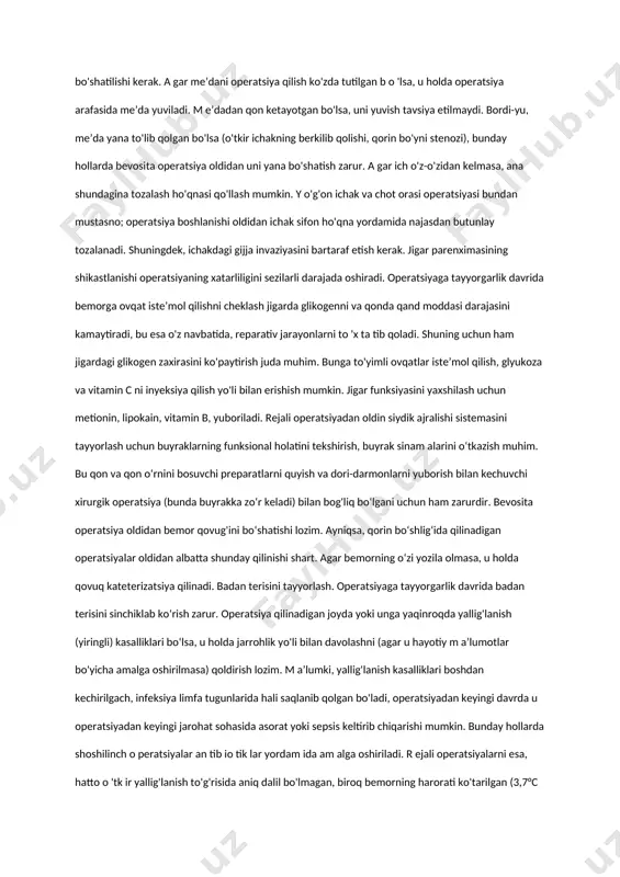 a qonning ivib qolish indeksi aniqlanadi, zarurat bo'lsa antikoagulyantlar (fenilin, omefin, geparin) tayin qilinadi. barcha operatsiyalarning 5-10 foizida, ayniqsa qorin va ko'krak bo'shliqlarida muolajalar qilinganda nafas olishning buzilishi va o'pka asorati paydo bo'ladi. ko'pincha ular jarrohlik yo'li bilan davo qilishdan oldin nafas olish organlarida patologik o'zgarishlar mavjud bo'lgan hollarda yuzaga keladi. rejali operatsiyalar amalga oshirilishidan avval burunning qo'shimcha bo'shliqlaridagi yallig'lanishni, o 'tk ir va surunkali bronxit, plevrit va pnevmoniyani bartaraf etish zarur. shu maqsadda balg'am ko'chiradigan dorilar, antibiotiklar, sulfanilamidlar va davolashning maxsus usullari (ingalyatsiya, fizioprotseduralar, davolash fizkulturasi) qo'llaniladi. o g 'riq la r va bem orning m ajburiy holati nafas olish ko'lam ining kamayishiga sabab bo'ladi. operatsiyaga tayyorgarlik ko'rish davrida bem or nafas olish gimnastikasi kompleksini o'zlashtirishi, balg'am ni to 'g 'ri tashlashni o'rganib olishi kerak. o 'tkir rinit, traxeit, bronxit shuningdek, o'pka emflzemasi (hayotiy m a’lumotlar bo'yicha amalga oshiriladigan operatsiyalar bundan m ustasno) operatsiyaga y o 'l qo'ymaydigan monelik …
