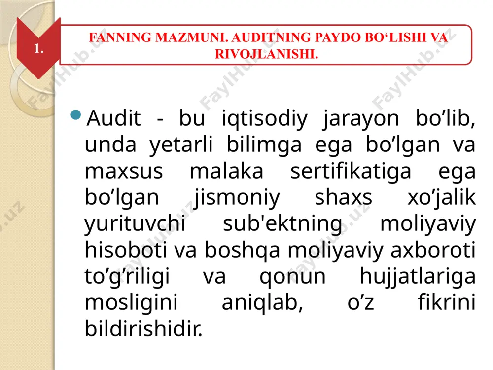uvofiq ekanligini аniqlаsh mаqsаdidа mustaqil ekspertizа vа tаhlil qilish, buхgаlteriya hisobi va boshqa moliyaviy hisobotlarga qo’yiladigan talablarga muvofiqligini, ularning to’liqligi va aniqliligining tеkshirish dеmakdir. shuningdеk, audit tarkibiga konsalting, ya'ni mijozlarga shartnomaga asosan xizmatlar ko’rsatish ham kiradi. auditning maqsadi va vazifalari. auditning maqsadi - amaldagi qonunchilik, auditorlik faoliyatini mе'yoriy tartibga soluvchi tizim, auditor va mijoz o’rtasidagi o’zaro shartnoma majburiyatlari bilan bеlgilanadigan aniq masalani еchishdan iboratdir. auditorlik faoliyatining maqsadi - xo’jalik yurituvchi sub'еktlarning buxgaltеriya (moliyaviy) hisobotini ishonchliligini hamda amalga oshirilgan moliyaviy va xo’jalik opеratsiyalarning mе'yoriy hujjatlarga muvofiqligini aniqlashdan iborat. auditning asosiy vazifasi - quyidagi maqsadlarga erishish uchun moliyaviy hisobotlarni tеkshirishdir: -hisobotlarning ishonchliligini tasdiqlash yoki ishonchsizliligini qayd etish; -tеkshirilayotgan davrda korxona faoliyati natijasida hisob va hisobotda xarajatlar, daromadlar va moliyaviy natijalar to’liq, ishonchli va aniq aks etilganligini tеkshirish; -hisobni yuritish va hisobotni tuzish, aktivlar, majburiyatlar va xususiy kapitalni baholash uslubiga oid qoidalarini tartibga soluvchi amaldagi qonunchilikka va mе'yoriy hujjatlarga rioya qilinishi yuzasidan nazoratni …