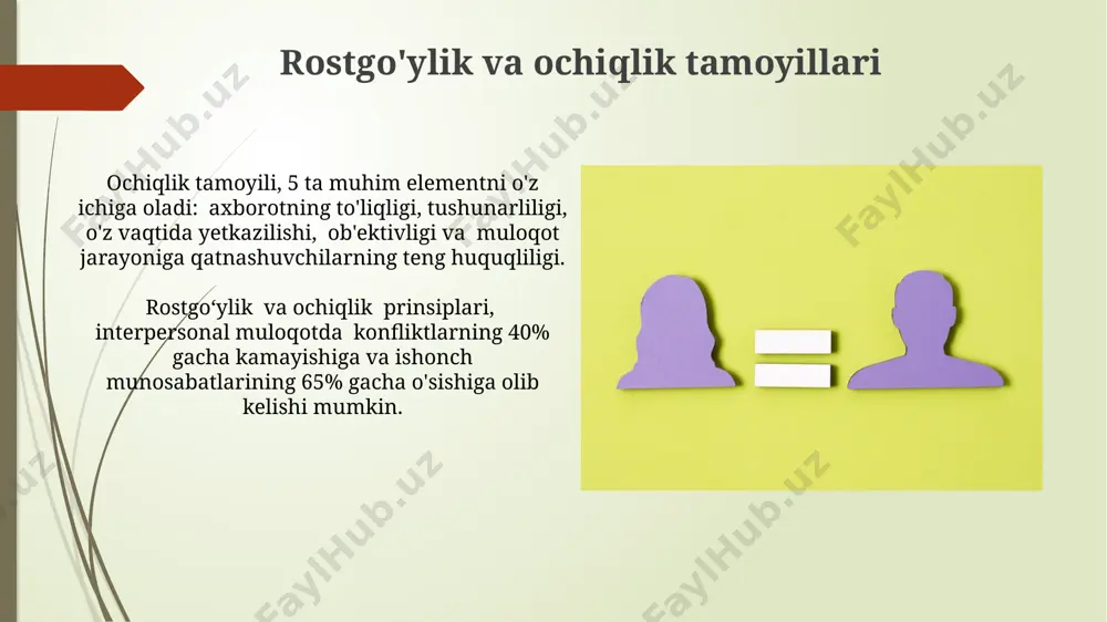 di. axloq va deontologiya printsiplari 3 ta asosiy professional sohada, jumladan, tibbiyot, huquq va ta'limda, kamida 10 yildan beri qo'llanilib, yuqori samaradorlikni ko'rsatmoqda. axloq va deontologiya tushunchalari interpersonal kommunikatsiyada axloq va deontologiya 3ta muhim omil (samimiylik, hurmat, ochiqlik) orqali muloqotning samaradorligini va ishonchlilik darajasini belgilaydi. axloq, shaxsning ichki qadriyatlari va me'yorlariga asoslangan xulq-atvor tizimi bo'lib, 5ta asosiy tamoyilga (adolat, halollik, hurmat, mas'uliyat, saxovat) ega. hurmat va adolatlilik printsiplari hurmat printsipi, muloqotda kamida 5 ta asosiy axloqiy me'yorlarga, jumladan, ochiqlik, samimiylik va hurmatga rioya qilishni nazarda tutadi, bu esa sog'lom munosabatlarni rivojlantirishga yordam beradi. hurmat va adolatlilik printsiplari bir-biri bilan chambarchas bog'liq bo'lib, ularning 3 bosqichli qo'llanilishi (tinglash, tushunish, javob berish) samarali va axloqiy muloqotni ta'minlaydi. e'tiboringiz uchun rahmat @taqdimot_robot image1.jpg image2.jpg image3.jpg image4.jpg image5.jpg image6.jpg image7.jpg image8.jpg image9.jpg image10.jpg image11.jpg image12.jpg