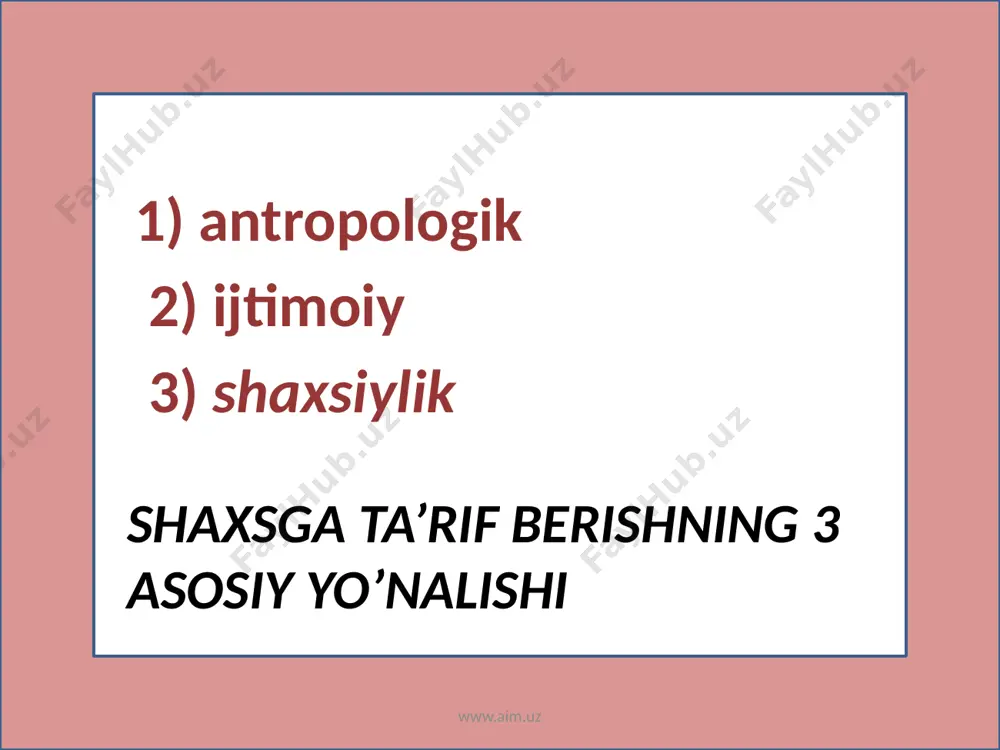 rib, boshqa bo’laklarga bo’linmaydigan aniq bir narsa (mavjudot) ekanligini e’tirof etgan. o’rta asrlar falsafasida i. inson shaxsi tushunchasini ifodalagan. 17- a. da i. bilan bog’liq fikrmulohazalar nemis faylasufi leybnits ta’limotida atroflicha rivojlantiriladi. i. nemis adibi i. v. gyote ijodida ham o’z ifodasini topdi. i. romantizm dunyoqarashi uchun ham xos xususiyatdir. www.aim.uz individuallik shaxs shaxsning xislatlarini ifodalashning asosi bu individuallik. oddiy ijtimoiy xislatlar odamzotni alohida biologik organizm sifatida ifodalovchi xislatlari www.aim.uz соотношении социального и биологического ( ijtimoiy va biologik bo’gliqliklar www.aim.uz ko’rib chiqish darajasi va shaxsni ifodalash: www.aim.uz structure of the person on freyd " a principle of pleasure " primitive, instinctive and inherent aspects of the person, something dark, biological, chaotic, not knowing of the laws which are not submitting to rules. ид эго (from лат. "я") is a part of mentality responsible(crucial) for acceptance of the decisions. эго aspires to express and to satisfy desires ид according to restrictions …