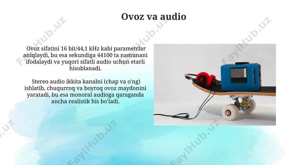 , masalan, 3d modellarning 360° aylanishi yoki 5 ta turli xil sahifaga o'tish imkoniyati orqali. multimedia fayllarini saqlash katta hajmdagi multimedia loyihalarini saqlash uchun bulutli xizmatlardan (google drive, dropbox va h.k.) foydalanish maqsadga muvofiqdir, bu esa 100 gb dan ortiq ma'lumotlarni ishonchli saqlash imkonini beradi. multimedia fayllarini turli formatlarda (masalan, .mp4, .avi, .mov video uchun; .jpg, .png, .gif rasmlar uchun) saqlash ularning moslashuvchanligini oshiradi va turli dasturlar bilan ishlash imkonini beradi. multimedia nima? multimedia turli xil ma’lumot turlarining, masalan, matn (20%), tasvirlar (30%), audio (25%) va video (25%) kabi, birlashgan shaklda taqdim etilishidir. multimedia kompyuter texnologiyalari yordamida 5 ta yoki undan ortiq turdagi axborotni (matn, grafik, audio, video, animatsiya) birlashtirib, foydalanuvchiga taqdim etadi. e'tiboringiz uchun rahmat @taqdimot_robot image2.jpg image3.jpg image4.jpg image5.jpg image6.jpg image7.jpg image8.jpg image9.jpg image10.jpg image11.jpg image12.jpg image13.jpg image1.png
