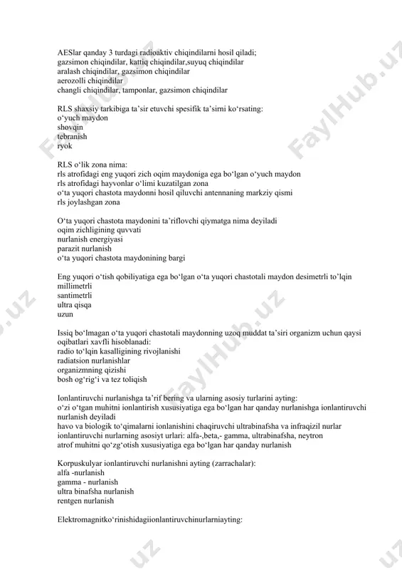 rozolli chiqindilar changli chiqindilar, tamponlar, gazsimon chiqindilar rls shaxsiy tarkibiga ta’sir etuvchi spesifik ta’sirni ko‘rsating: o‘yuch maydon shovqin tebranish ryok rls o‘lik zona nima: rls atrofidagi eng yuqori zich oqim maydoniga ega bo‘lgan o‘yuch maydon rls atrofidagi hayvonlar o‘limi kuzatilgan zona o‘ta yuqori chastota maydonni hosil qiluvchi antennaning markziy qismi rls joylashgan zona o‘ta yuqori chastota maydonini ta’riflovchi qiymatga nima deyiladi oqim zichligining quvvati nurlanish energiyasi parazit nurlanish o‘ta yuqori chastota maydonining bargi eng yuqori o‘tish qobiliyatiga ega bo‘lgan o‘ta yuqori chastotali maydon desimetrli to’lqin millimetrli santimetrli ultra qisqa uzun issiq bo‘lmagan o‘ta yuqori chastotali maydonning uzoq muddat ta’siri organizm uchun qaysi oqibatlari xavfli hisoblanadi: radio to‘lqin kasalligining rivojlanishi radiatsion nurlanishlar organizmning qizishi bosh og‘rig‘i va tez toliqish ionlantiruvchi nurlanishga ta’rif bering va ularning asosiy turlarini ayting: o‘zi o‘tgan muhitni ionlantirish xususiyatiga ega bo‘lgan har qanday nurlanishga ionlantiruvchi nurlanish deyiladi havo va biologik to‘qimalarni ionlanishini chaqiruvchi ultrabinafsha va infraqizil nurlar …