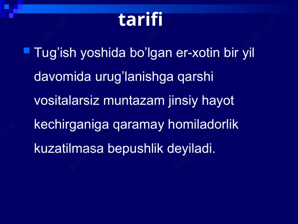 bog’liq bepushtlik bepushlikning bu turini quyidagi omillar bilan ajratiladi: nay-perotonial bachadon bachadon bo’yni qinga bog’liq nay bepushtligi bachadon naylarining anatomik-funksional o’zgarishlari oqibatida kelib chiqadi. uchrash soni 30-70% peritoneal bepushtlik deb, kichik chanoq bo’shlig’idagi chandiq jarayonlari tufayli 1 yoki 2 ta nayning o’tkazuvchanligi buzilishi tufayli yuzaga keladigan bepushtlikka aytiladi. uchrashi 9.2-34% nay bepushligini 2 ta asosiy turga ajratiladi: bachadon naylari funksiyasining buzilishi bachadon naylarining organik shikastlanishi bachadon naylari funksiyasining buzilishiga olib keluvchi sabablar: bepushtlik oqibatidagi surunkali psixologik stress jinsiy garmonlar sintezining buzilishi buyrak usti bezi va simpatikoadrenal sistema glyukokortikoid funksiyasining buzilishi. bachadon naylarining organik shikastlanishini keltirib chiqaruvchi sabablar: jinsiy a’zolarning yallig’lanish kasalliklari pelvioperitonit, appenditsit, ichki jinsiy a’zolardagi jarrohlik muolajalari bilan bog’liq omillar bachadon naylari endometriozi bepushtlikning neyroperitonial formasini davolash yallig’lanishga qarshi davo gormonal buzilishlarni korreksiya qilish laporoskopiya -chandiqlarni kesish(salpingo-, ovario-, fimbriolizis) -salpingostomiya, salpingoneostomiya -endometrioz o’choqlarini kaogulyatssiya qilish bachadon bo’yni va qinga bog’liq omillar bachadon bo’ni va qinning orttirilgan nuqsonlari ko;pincha jinsiy …