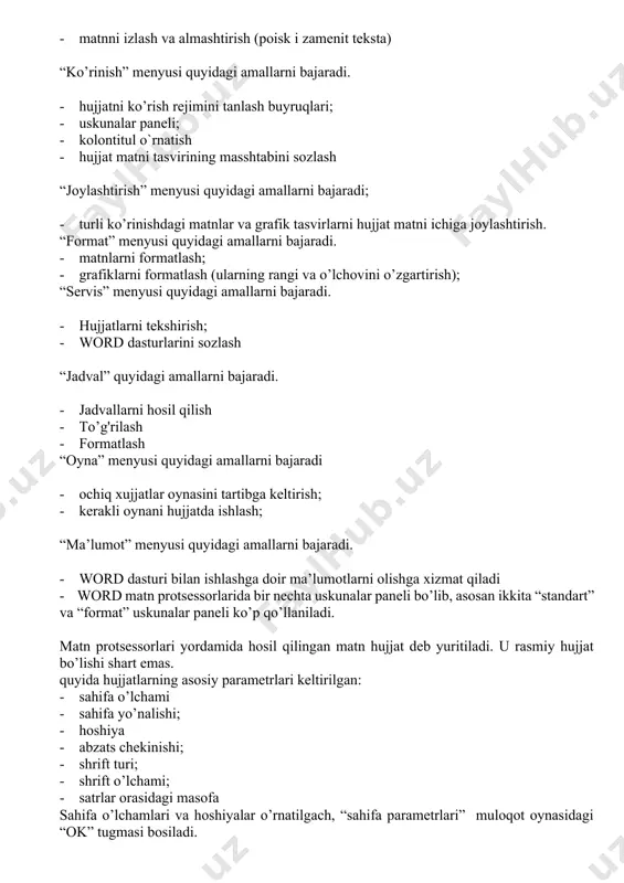 (f1, f2, …/10,) ko’rsatilgan. leksikon matn protsessori menyusi ichma-ich joylashgan buyruqlar tizimiga ega. ya’ni menyuning biror buyrug’i tanlasa, menyu satrida qo’shimcha buyruqlar hosil bo’ladi. f10 klavishi bosiladi. natijada yurgich menyular satriga o’tadi. yo’nalish klavishlari (chapga yoki o’ngga) yordamida yurgich menyuning “tekst” menyusining amallari (“yuklash”, saqlash” va hakozo) paydo bo’ladi. yuqorida aytilganlarni hisobga olib matn ko’rinishdagi axborotlarni qayta ishlash usullari va yo’l-yo’riqlarini hozirgi kunda eng mukammal matn protsessorlaridan biri bo’lgan microsoft word (qisqacha word) matn protsessori misolida ko’rib chiqamiz. u juda ko’p amallarni bajara olishi bilan boshqa matn protsessorlaridan ajralib turadi. word grafik interfeysga ega bo’lib, aksariyat buyruq va amallar “sichqoncha” yordamida amalga oshiriladi. word bir vaqtda bir vaqtning o’zida bir nechta xujjat bilan ishlash imkoniyatiga ega. har bir hujjat “oyna” deb ataladigan ichki maydonida tashkil etiladi. oynalarning o’lchami va joylashish tartibi foydalanuvchi o’z hohishiga qarab belgilab oladi. microsoft word matn protsessorlarining o’zbek tilidagi ifodasi bilan birga qavs ichida rus tilidagi …