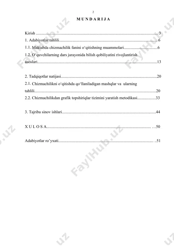 ni takomillashtirish konsepsiyasida ta’kidlanganidek, milliy dasturning muhim vazifalaridan biri “mamlakat sotsial-iqtisodiy taraqqiyoti istiqbollari, jamiyat talablari, fan, texnika va madaniyatning zamonaviy yutuqlaridan kelib chiqadigan kadrlar tayyorlash mazmuni va strukturasini qayta tashkil qilishdan iboratdir”.1 tadqiqotlar shuni ko‘rsatadiki, o‘quvchilar chizmachilik darslarida an’anaviy topshiriqlarni to‘g‘ri va tez bajaradilar, lekin ijodiy topshiriqlarni bajarish jarayonida har xil turdagi xatolarga yo‘l qo‘yadilar. xo‘sh, buning sababi nimada? bizningcha, chizmachilik darslarida ilmiy-metodik jihatdan asoslangan ijodiy topshiriqlar tizimining yaratilmaganligi va bunday topshiriqlar ustida ishlash metodikasining ishlab chiqilmaganligidadir. bunday topshiriqlardan foydalanishning ijtimoiy ahamiyati shundaki, ular mustaqil fikrlashga o‘rgangan, odatlangan o‘quvchini har qanday sharoitda o‘z ijodiy imkoniyatlarini ishga solishi bilan bir qatorda, turli darajadagi o‘quv qiyinchiliklarini bartaraf etishlari va o‘quv materialini osongina o‘zlashtirishlariga ko‘maklashadi. chizmachilik fanini o‘qitish metodikasiga a.d.botvinnikov, v.n.gerver, a.umronxo‘jayev, j.yodgorov, e.ro‘ziyev, p.odilov, kabi olimlar salmoqli hissa qo‘shgan. jumladan o‘quvchilarning bilish faoliyatini rivojlantirish (n.yodgorov) va fazoviy tasavvurni rivojlantirish (ye.n.vlasov, v.y.sherbakova), kabi mavzularni tadqiq qilgan. yuqorida nomlari zikr etilgan olimlarning o‘quv topshiriqlari …