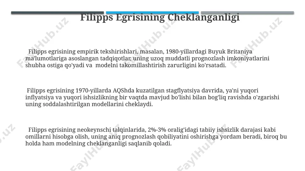 tushib qolishi mumkinligini ko'rsatadi. o'rta osiyo davlatlari uchun qisqa muddatli filipps egrisini qo'llashda, 5% dan yuqori inflyatsiya sharoitida, ishsizlik darajasi 10% atrofida bo'lishi mumkin degan taxminlar mavjud. qisqa muddatli filipps egrisining 1960-yillardagi aqshdagi inflyatsiya va ishsizlik o'rtasidagi teskari munosabatni taxmin qilgan dastlabki modellari, keyinchalik 1970-yillarda stagflatsiya hodisasi bilan rad etildi. keynschi talab-taklif modeli кейнснинг моделида, ишлаб чиқариш функциясидаги 0,8 коэффициенти меҳнат унумдорлигининг ўсишига боғлиқ бўлиб, бу 1950 йиллардан кейинги европа мамлакатларида кузатилган. кейнснинг талаб-таклиф моделида, маълумотларга кўра, 1930-йиллардаги буюк депрессия давридаги ақшдаги ишсизлик даражасининг юқорилиги, агрегат талабнинг етишмовчилигини кўрсатади. модель, 2% ли фоиз ставкаси билан давлат томонидан амалга ошириладиган кенг кўламли инвестициялар орқали, мамлакат иқтисодиётининг тез ўсишига эришиш мумкинлигини кўрсатади. бу германия ва япониянинг тажрибаларидан келиб чиққан. keynschi modellarning zamonaviy talqini жаҳон банкининг 2023 йилги ҳисоботида ривожланаётган давлатлар учун кейнс моделларининг мослаштирилган версиялари, хусусан, инфляцияга қарши курашдаги чекланган имкониятлари таҳлил қилинган. кейнсиан моделларининг замонавий талқинида 2008 йилги глобал молиявий инқироздан …
