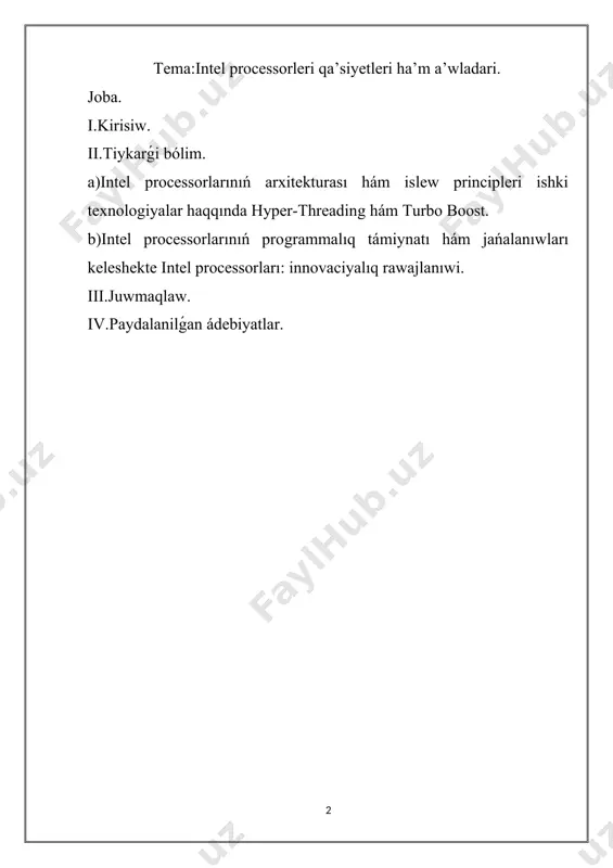 ebep boldı. 80386 kompyuterlerdiń multitasking qábiletin asırıw ushın muheem áhmiyetke iye boldı. sonday-aq, ol kompyuterlerge kóbirek yadtan paydalanıw imkanın berdi. intel bul processorlar menen ózin saqlap, básekiles aldında qaldı.1993-jılı intel pentium processorın usındı, ol júdá tez analizlew qábiletine iye bolıp, kóplegen paydalanıwshılar tárepinen joqarı bahalanǵan. pentium processorlarınıń jańa áwladı kóplegen innovaciyalar hám argumentlerdi usındı. sonnan keyin, intel bir neshe áwlad processorların islep shigara basladı hám házirgi kúnde intel core seriyasında qısqa múddette kóplegen jańa imkaniyatlardı múyesh astında saqlap kelmekte. intel processorları tek ǵana kompyuterler emes, al mobil qurılmalar hám serverler ushın da áhmiyetli esaplanadı hám zamanagóy texnologiyalardıń ajıralmas bólegi bolip qalmaqta. intel processorlarınıń arxitekturası hám islew principleri ishki texnologiyalar haqqında hyper-threading hám turbo boost. intel processorları zamanagóy kompyuter texnologiyalarının tiykargı bólimlerinen biri. olar informaciyalardı qayta islew hám hár túrli programmalardı orinlaw proceslerinde qollanıladı. intel processorların islep shigarıw procesinde olardıń arxitekturası júdá úlken áhmiyetke iye. intel shashları kóp jıllardan berli sapa …