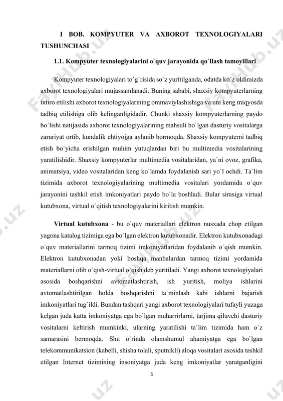 ikning boshlarida 120 mln. kompyuter yagona dunyo tarmog`iga ulangan, ulardan 1 mlrd. dan ziyod odamlar foydalanmoqda. keyingi vaqtda internetdan o`spirin yoshlarning va xotin-qizlarning foydalanish sur`ati o`sib borayotganligini qayd etish mumkin. uchinchi ming yillikning boshida axborot texnologiyalarini tadbiq etishda tub o`zgarishlar ro`y berishi kutilmoqda. bularga yo`ldosh kanali orqali internet elektron kitoblar, dunyo internet kutubxonasi, internet video-telefonlar, muloqotli tarjimonlar va nutqni hamda harakatni tushunadigan kompyuterlarning yaratilishi kutilmoqda. bulardan ko`rinib turibdiki, ta`lim tizimida yangi axborot texnologiyalarini tadbiq etish masalalariga tubdan boshqacha ko`z bilan qaramoq lozim. yuqorida qayd etilgan masalalar ta`lim tizimida ham yangi axborot texnologiyalarini tadbiq, etishning istiqbolli yo`nalishlarini belgilash bilan bir qatorda, ularning yechimini kechiktirmasdan hal etish uchun chora-tadbirlar ko`rish zaruratini ham yuzaga keltiradi. shu o`rinda aytish lozimki, ta`lim tizimida yangi axborot texnologiyalarini tadbiq etishning bugungi kundagi dolzarb masalalaridan biri multimedia vositalari negizida virtual o`qitish tizimini yaratishdir. axborot texnologiyalaridan o`quv jarayonini boshqarishda foydalanish ta`limning samaradorligini oshirishga olib keladi. buning sababi, o`quv jarayonini …