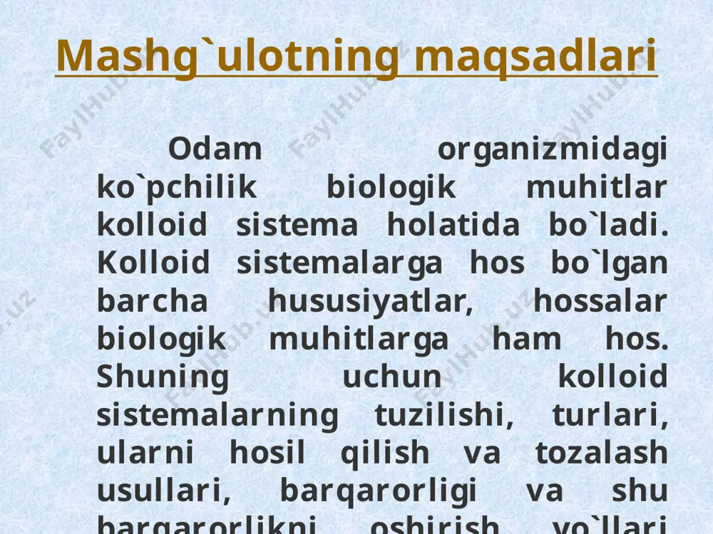 iz - elektr maydoni ta`sirida elektrolit ionlari harakati ortishi hisobiga dializni tezlashtirish «sun`iy buyrak» apparati dializator oqsil eritmasi tomir kolloid zarrachalarning tuzilishi kondensatsiya usuli bilan olingan kumush hlorid zolining tuzilishi: agno3 + kcl = agcl + kno3 ortiqcha elektrolit zol magcl nag+ (n-x) no3- x+ xno3- yadro pbi dif.qav. qarshi ionlar ads-n qavat granula mitsella kolloid zarracha tuzilishi adsorbtsiya qavatining qarshi ionlari diffuziya qavatining qarshi ionlari yadro kolloid zarrachalarning tuzilishi kondensatsiya usuli bilan olingan berlin lazuri zolining tuzilishi: 4fecl3 + 3k4[fe(cn)6] = fe4[fe(cn)6]3 + 12kcl ortiqcha elektrolit zol mfe4[fe(cn)6]3 n [fe(cn)6]4- 4(n-x) k+ 4x- xk+ yadro pbi dif.qav. qarshi ionlar ads-n qavat granula mitsella kolloid zarrachalarning tuzilishi mfe4[fe(cn)6]3 n fe3+ 3(n-x) cl- 3x+ 3xcl- mfe(oh)3 n fe3+ 3(n-x) cl- 3x+ 3xcl- fecl3 + 3h2o = fe(oh)3 + 3hcl fe(oh)3 + hcl = feocl + h2o mfe(oh)3 n feo+ (n-x) cl- x+ xcl- musbat berlin lazur zoli peptizatsiya yo`li bilan olingan …