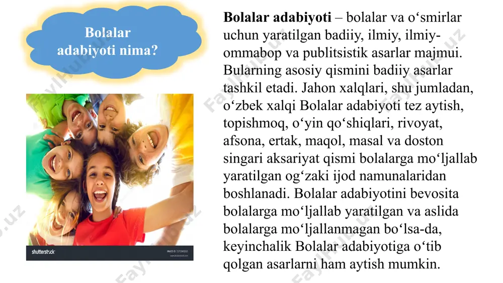 adabiyoti ham umumbadiiy adabiyot ish ko`radigan xalqchilik haqqoniylik va yuksak badiiylik umda (prinsip)lariga tayanadi. bolalar adabiyotining xalqchilligi shundaki, u avvalo, xalqning asrlar davomida yaratgan eng ilg`or qarashlari va hayotiy tajribalari ruhida farzandlarini tarbiyalashni ko`zlaydi. xalq hamma zamonlarda mehnatkashlikni, halollikni, rostgo`ylikni, to`g`rilikni, vatanni sevishni, kattani hurmat qilib kichikka shafqatli bo`lishni sharaflab kelgan, ishyoqmaslik, tekinxo`rlik, subutsizlik, yolg`onchilik, o`g`rilik, shafqatsizlik, toshbag`irlik, xoinlik, g`iybatkashlik kabi insoniylikni tahqirlovchi xislatlarni qoralagan. davomi… bolalar tabiatidagi «shoirlik»-ularning hamma narsadan hayratlanishlari, har bir hodisadan hayajonlanishlari bo`lsa, «faylasuflik» – hayratni va hayajonni qo`zg`agan shu narsalar va hodisalarning asl mohiyatiga qiziqishlaridir. «bu nima?», «bu nega bunaqa?», «u nima deydi?», «u nega katta yoki nega kichik?», «u qanday o`sadi?», «nega qattiq?», «nega yumshoq?», «suv nega qotadi?», «quyosh qanday qizitadi?», xullas, shu xildagi sanoqsiz savollar bu yoshdagi bolalarning qiziqishlari hosilasi bo`lib, ana shu savollarga topgan va topolgan javoblari-olamni o`zlashtirish yo`llaridir. bolalarning dunyoni bilishga intilishi, ularga tegishli asarlarning xarakterini belgilab beradi… bolalar adabiyotining boshqa …