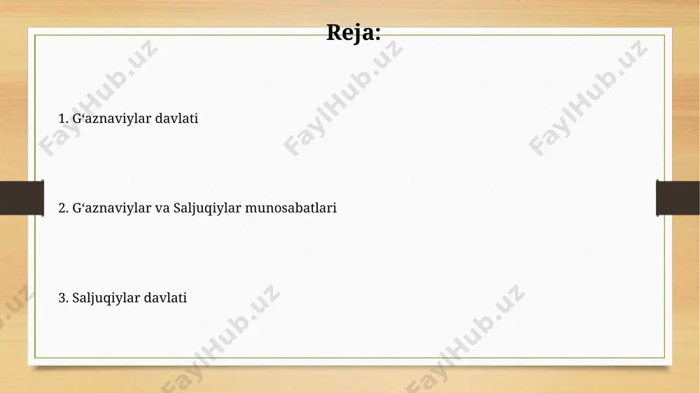 va nishapur shaharlarini egallab, kuchli davlat qurishga kirishdilar. saljuqiylar va gʻaznaviylar oʻrtasidagi munosabatlar 1040-yilda dandanqan jangi gʻaznaviylar va saljuqiylar oʻrtasidagi kuchlar nisbatini oʻzgartirdi, saljuqiylar gʻalaba qozonib, markaziy osiyodagi taʼsirini sezilarli darajada kengaytirdilar. gʻaznaviylar sultoni mahmudning oʻlimi (1030)dan keyin imperiya zaiflashdi va saljuqiylar kengayishiga qarshilik koʻrsata olmadi, bu esa mintaqadagi siyosiy xaritani tubdan oʻzgartirdi. saljuqiylar imperiyasi: kengayishi va hukmronligi салжуқийлар даврида, 11-12-асрларда, марв, нисо каби шаҳарлар муҳим маданий ва илмий марказларга айланиб, илм-фан ва савдо ривожланган. салжуқийлар империяси 11-асрда амударё ва сирдарё водийларидан тортиб, 12-аср бошларига келиб, анатолия ва ироқнинг катта қисмини ўз ичига олган ҳудудларгача кенгайган. e'tiboringiz uchun rahmat @taqdimot_robot image7.jpg image8.jpg image9.jpg image10.jpg image11.jpg image12.jpg image13.jpg image3.png image4.png