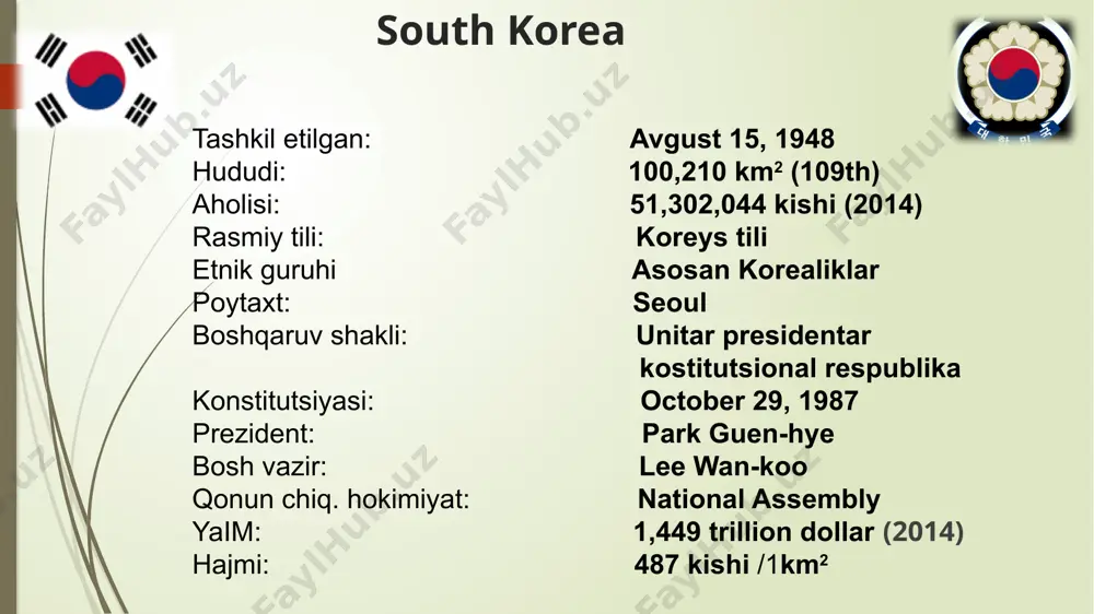vaqtida amalga oshirishda har xil fondlarni tashkil etishga, xodimlarni rag`batlantirishga, ishlab chiqarishni kengaytirishga, xayriya va boshqalarga imkoniyat yaratiladi. - makromoliya – bu mamlakat doirasidagi va milliy iqtisodiyotga xizmat qiluvchi davlat moliyasidan iborat.u umumdavlat moliyasi bo`lib,unga davlat budjeti, ijtimoiy sug`urta jamg`armasi, boshqa maqsadli jamg`armalar kiradi. - metomoliya – bu xalqaro doiradagi moliya bo`lib davlatlararo pul munosabatlarini anglatadi. metallurgiya, mashinasozlik, neftni qayta ishlovchi va kimyo sanoati, to`qimachilik va oziq-ovqat sanoati tarmoqlari rivojlangan. qishloq xo’jaligining asosiy tarmog’i dehqonchilik. don (sholi, g’alla, arpa), dukkaklilar yetishtirish ustun turadi. paxta, tamaki, kanop kabi texnika ekinlari yetishtiriladi. bog`dorchilik, sabzavotchilik tarmoqlari bor. temir yo`llarning uzunligi 6,24ming km, shundan 525km elektrlashtirilgan. avtomobil yo’llari 87534km. dengiz portlari: pusan, ulsan, inchxon. eksport mahsulotlari: yengil sanoat mahsulotlari, avtomobil, kema, po’lat, elektronika mahsulotlari, mashina va jihozlar, baliq. asosiy tashqi savdo hamkorlari: yaponiya, aqsh, xitoy, gonkong, tayvan, avstraliya, saudiya arabistoni. pul birligi - janubiy koreya vonasi. janubiy koreya iqtisodiy erkinligi darajasi: 71.5 bo’lib, 2015-yil …