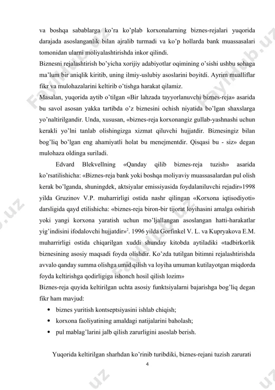 gan fikr ham mavjud: · biznes yuritish kontseptsiyasini ishlab chiqish; · korxona faoliyatining amaldagi natijalarini baholash; · pul mablag’larini jalb qilish zarurligini asoslab berish. yuqorida keltirilgan sharhdan ko’rinib turibdiki, biznes-rejani tuzish zarurati ayrim hollarda o’z biznesini yaratish bilan, ikkinchi holda bank yoki boshqa moliyaviy muassasadan pul olish niyati bilan, uchinchidan esa tijorat loyihasini amalga oshirish, yangi korxona yaratish zarurati bilan asoslanadi. arblik iqtisodchi olimlarning o’z mamlakatlari hukumatlari bilan birgalikda jamiyatda tadbirkorlik ruhini yaratishga harakat qilayotganliklarini tushunish mumkin (amerikaliklar shiorini eslaylik «biznesmen – millatning oltin fondi»). shu sababli ular o’z tavsiyalarining aksari qismini yangi ish ochish, o’z biznesi bilan shug’ullanish niyatida bo’lgan shaxslarga yo’naltiradilar. biroq oddiy, aytaylik, non va non mahsulotlari, lok-bo’yoq materiallari yoki oyoq kiyimi ishlab chiqarish bilan shug’ullanuvchi hamda yangi qurilish yoki yangi loyihani amalga oshirishni hayoliga ham keltirmaydigan korxonalar bilan nima bo’ladi? bu holda biznes-reja kerak bo’ladimi yoki korxona ishlab chiqarish-xo’jalik va iqtisodiy faoliyat uchun oddiy reja tuzish …