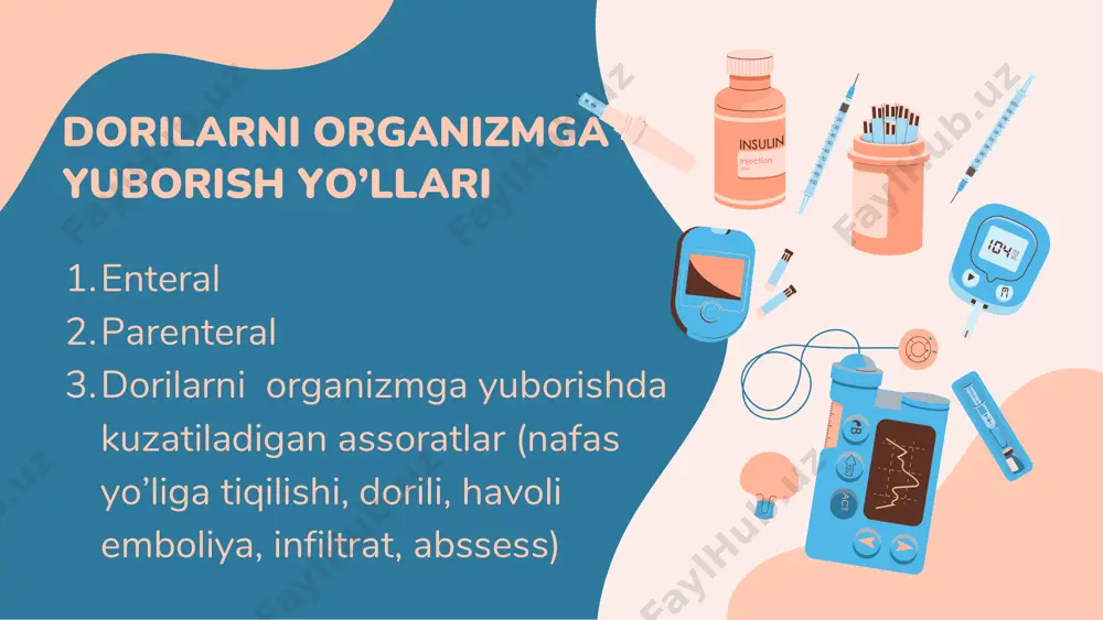 burunga kukunlar, tutun, suyuqlik va malham sifatida faydalaniladi. ular mahalliy, rezorbtiv va reflaktor ta’siriga ega. burun orqali so’rilish juda tez kechadi quloqlarga ishlatilishi preparatlar quloqlarga pipetka bilan tomiziladi. dorivor yog’larni tana haroratigacha isitiladi. o’ng quloqqa tomizganda bemor chap tomonga yotadi, chap quloqqa tomizilsa aksincha. keyin eshitish kanali paxta bilan berkitiladi. 1 2 3 4 dori - darmon vositalarini enteral qo’llash og’iz orqali( enteral, ovqat hazm qilish trakti orqali) dori (sublingal) ichak (per rectum) tili osti va lunj osti og‘iz orqali preparatni qo'llash og'iz orqali dori-darmonlarni qo‘llash - eng keng tarqalgan yo'l, dori vositalarni har xil shakilda va nosteril xolatlarda qabul qilish mumkin. dori vosita asosan ingichka ichakda soriladi va portal tomir tizimi orqali jigarga va umumiy qon oqimiga tushadi.bu usul orqali dori konsentratsiyasi uning davolash xususiyatlari tarkibiga qarab qabuldan keyin 30-90 daqiqa o'rtasida erishiladi. og'iz orqali qabul qilinadi tabletka, draje, kapsula, damlamalar,ekstraktlar. sublingual usulida preparat tez soriladi va oshqozon fermentlari …