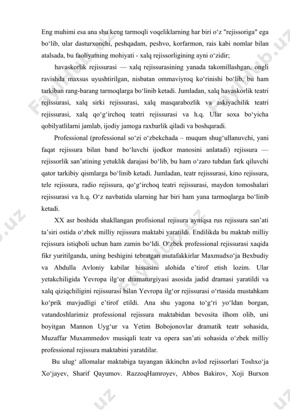 of etish lozim. ular yetakchiligida yevropa ilg‘or dramaturgiyasi asosida jadid dramasi yaratildi va xalq qiziqchiligini rejissurasi bilan yevropa ilg‘or rejissurasi o‘rtasida mustahkam ko‘prik mavjudligi e’tirof etildi. ana shu yagona to‘g‘ri yo‘ldan borgan, vatandoshlarimiz professional rejissura maktabidan bevosita ilhom olib, uni boyitgan mannon uyg‘ur va yetim bobojonovlar dramatik teatr sohasida, muzaffar muxammedov musiqali teatr va opera san’ati sohasida o‘zbek milliy professional rejissura maktabini yaratdilar. bu ulug‘ allomalar maktabiga tayangan ikkinchn avlod rejissorlari toshxo‘ja xo‘jayev, sharif qayumov. razzoqhamroyev, abbos bakirov, xoji burxon nazarov kabi ulug‘ rejissurlar professionalizmni yanada yuksak bosqichlarga ko‘tarib, o‘zbek teatr san’ati vutbasini jahon ilg‘or teatrlari darajasiga yetkazdilar. bu davr o‘zbek milliy teatri va rejissuraning mukammal shakllanib yetilgan va o‘zining yorqin siymolarsiga ega bo‘lgan barkamol bosqichi sifatidagi harakterga ega. teatr sanati rejissurasi bilan bir qatorda o‘zbek kino-rejissurasi ham misli ko‘rilmagan zafarlarga erisha boshladi. nabi g‘aniyev, komil yormatov, yo‘ldosh a’zamov, malik qayumov, shuxrat abbosov, latif fayziyev kino kabi rejissorlar yaratgan ekran …