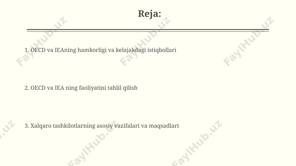 ri ko'rsatkich hisoblanadi. oecd va iea, 2022-yilda global energiya bozorlarini tahlil qilib, 30 dan ortiq mamlakatning neft va gaz importiga bogʻliqligiga urgʻu berib, energiya xavfsizligi strategiyasini taklif qilishdi. oecd va iea ning iqtisodiy siyosatga ta'siri oecd va ieaning birgalikdagi tadqiqotlari shuni ko'rsatdiki, soliq siyosatining o'zgarishi (masalan, 20% dan 30% gacha oshirilishi) yaponiya kabi rivojlangan davlatlarning yalpi ichki mahsulotiga sezilarli ta'sir ko'rsatishi mumkin. oecdning 2023-yilgi hisobotlariga ko'ra, energiya samaradorligini oshirish bo'yicha tavsiyalar yevropa mamlakatlarining iqtisodiy o'sish sur'atlariga ijobiy ta'sir ko'rsatdi, ya'ni o'rtacha 1,5% ga oshdi. muqobil energiya manbalarini rivojlantirishda oecd va ieaning hissalari oecd ва iea биргаликдаги лойиҳалари доирасида, масалан, 2015 йилдан бери 50 дан ортиқ ривожланаётган давлатларда энергия самарадорлигини ошириш бўйича ўқув курслари ва семинарлар ўтказилиб, унда 1000 дан ортиқ мутахассис иштирок этган. oecd 2021 йилги ҳисоботида 2030 йилгача марказий осиёда қайта тикланувчи энергия манбаларига 100 миллиард доллардан ортиқ инвестиция киритилишини тахмин қилган ва бунда iea тавсияларини асос қилиб олган. …