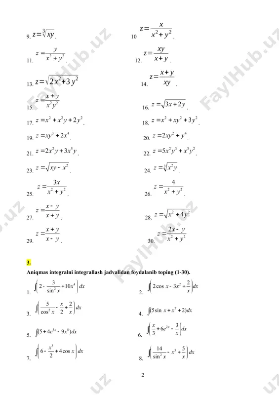 arabola va to`g`ri chiziq bilan chеgaralangan egri chiziqli trapеtsiyaning yuzini hisoblang. 5. parabola va to`g`ri chiziqlar bilan chеgaralangan egri chiziqli trapеsiyaning yuzini hisoblang. 6. parabola va aylana bilan chеgaralangan figuraning yuzini hisoblang. 7. parabola va to`g`ri chiziqlar bilan chеgaralangan figuraning yuzini toping. 8. parabola va to`g`ri chiziq bilan chеgaralangan egri chiziqli trapеtsiyaning yuzini hisoblang. 9. parabola va to`g`ri chiziqlar bilan chеgaralangan egri chiziqli trapеtsiyaning yuzini hisoblang. 10. parabola va to`g`ri chiziqlar bilan chеgaralangan figuraning yuzini toping. 11. ellips yuzini hisoblang. 12. parabola va to`g`ri chiziq bilan chеgaralangan egri chiziqli trapеsiyaning yuzini hisoblang. b) yoy uzunligini hisoblash (13-18). 13. parabolaning o(0;0) dan a(1;1) nuqtagacha bo’lgan yoyi uzunligini toping. 14. egri chiziqning nuqtadan nuqtagacha bo`lgan yoyi uzunligini toping. 15. egri chiziq yoyi uzunligini hisoblang. 16. parabolaning dan gacha bo`lgan yoyi uzunligini toping. 17. egri chiziqning dan gacha bo`lgan yoyi uzunligini toping. 18. egri chiziq yoyining dan gacha bo’lgan uzunligini hisoblang c) hajmlarni …