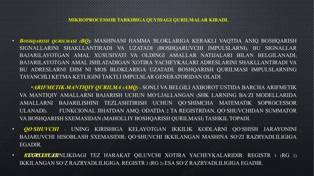si va boshqa kattaliklar bilan farq qiladi: - dx bazaviy model bilan deyarli mos keladi; - sx va sl, xususan kichikroq shinalar razryadliliga ega; - sl va ayniqsa sle energiyani tejaydigan, ixcham shk da (lap top, notebook) ishlatishga mo’ljallangan. 6.4. pentium mikroorocessorlari 80586 (r5) mikroprocessorlari intel firmasi tomonidan patentlantan pentium tavar markasi bo’yicha ko’proq ma’lumdir (boshqa firmalarning 80586 mp boshqacha belgilanishga ega: amd firmasida k5, cyrix firmasida ml va b.). bu mikroprocessorlar besh pag’onali konveyerli strukturaga ega bo’lib, u ketma-ket buyruqlarning bajarilish taktlarini ko’p marotaba birgalikda ishlashini ta’minlaydi va yana boshqarishni shartli uzatish buyruqlari uchun kesh-buferga ega bo’lib, u dasturlarni tarmoqlanish yo’nalishini oldindan aytish imkonini beradi; samarali tezkorligi bo’yicha ular har bir buyruqni go’yoki bir takt ichida bajaradigan risc mp lariga yaqinlashadi. pentium 32 razryadli adresli shinaga va 64-razryadli ma’lumotlar shinasiga egadir. tizim bilan qiymatlarni almashish sekundiga 1 gbayt tezlik bilan bajarilishi mumkin. barcha pentium mp larida har biriga 16 …
