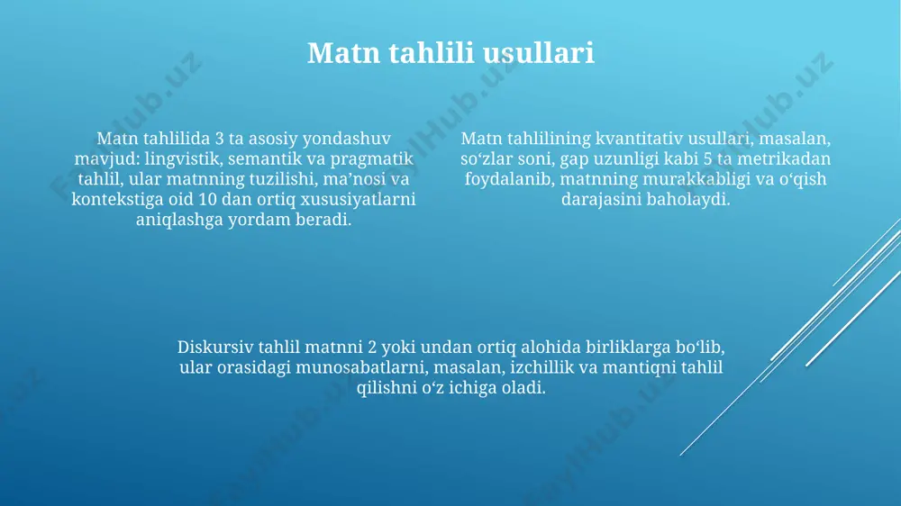 argumentni va ularning o’zaro munosabatlarini aniqlashga qaratilgan bo’lishi kerak. matnning semantik tuzilishi uning mazmunini ifodalashdagi samaradorligini, 10 ball shkalasi bo’yicha baholash mumkin bo’lgan aniqlik va ravshanlik darajasini aks ettiradi. e'tiboringiz uchun rahmat @taqdimot_robot