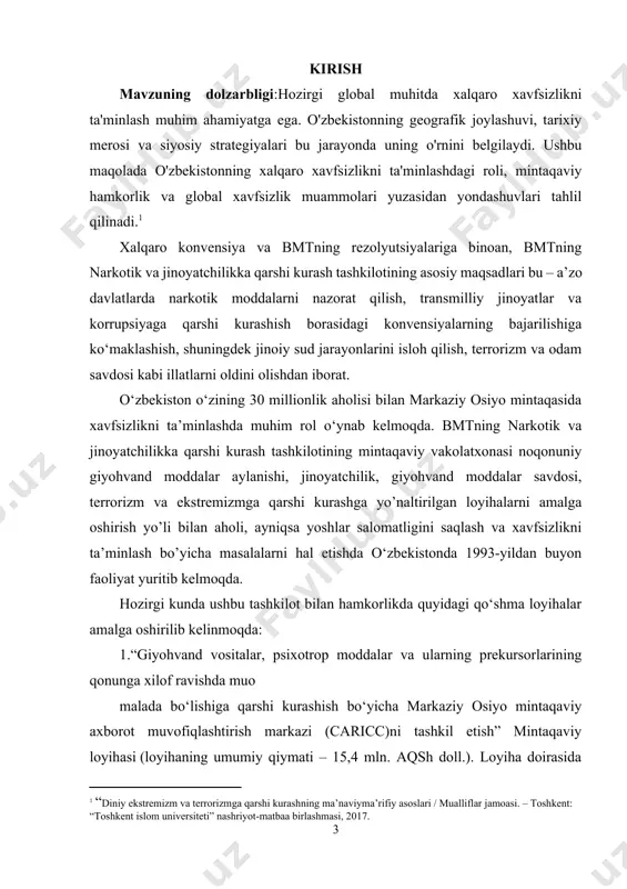 xavfsizlikni ta’minlashda muhim rol o‘ynab kelmoqda. bmtning narkotik va jinoyatchilikka qarshi kurash tashkilotining mintaqaviy vakolatxonasi noqonuniy giyohvand moddalar aylanishi, jinoyatchilik, giyohvand moddalar savdosi, terrorizm va ekstremizmga qarshi kurashga yo’naltirilgan loyihalarni amalga oshirish yo’li bilan aholi, ayniqsa yoshlar salomatligini saqlash va xavfsizlikni ta’minlash bo’yicha masalalarni hal etishda o‘zbekistonda 1993-yildan buyon faoliyat yuritib kelmoqda. hozirgi kunda ushbu tashkilot bilan hamkorlikda quyidagi qo‘shma loyihalar amalga oshirilib kelinmoqda: 1.“giyohvand vositalar, psixotrop moddalar va ularning prekursorlarining qonunga xilof ravishda muo malada bo‘lishiga qarshi kurashish bo‘yicha markaziy osiyo mintaqaviy axborot muvofiqlashtirish markazi (caricc)ni tashkil etish” mintaqaviy loyihasi (loyihaning umumiy qiymati – 15,4 mln. aqsh doll.). loyiha doirasida caricc ni tashkil etish bo’yicha shartnomaning ishtirokchi-davlatlari milliy koordinatorlari kengashining bir qancha yig’ilishlari o’tkazilib, faoliyatning dolzarb masalalari ko’rib chiqildi, yaqin 2 yildagi faoliyatning eng asosiy yo’nalishlari belgilab olindi. 2. “treatment ii – narkotik moddalarga qaramlikni oldini olish va uning sog‘liq uchun salbiy oqibatlari” mintaqaviy loyihasi (loyihaning umumiy qiymati – …