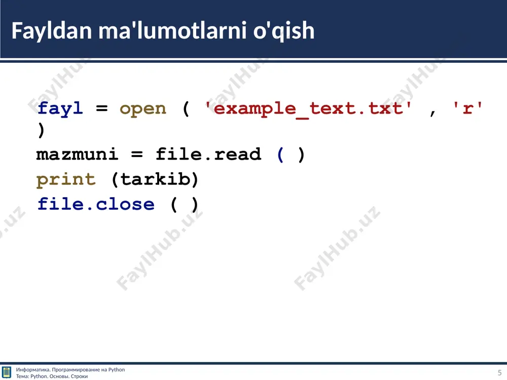 qatorlar ustida takrorlash qatorlar uchun :​ print ( line.strip ()) # faylni yoping file1.yopish 17 readlines () funktsiyasi bilan ro'yxat sifatida o'qish информатика. программирование на python тема: python. основы. строки https://pythonru.com/osnovy/chtenie-iz-fajla-postrochno-v-python 17 oldingi misolda biz faylning har bir satrini cheksiz while tsikli va readline () funksiyasidan foydalanib o'qiymiz . faylning oxiriga yetguncha siklning har bir iteratsiyasida qatorni olish uchun fayl obyektida for tsiklidan foydalanishingiz mumkin . #olish​ ob'ekt fayl bilan ( "sample.txt" , "r" ) fayl1 sifatida oching : #takrorlash​ tomonidan chiziqlar 1- fayldagi qator uchun : print ( line.strip ()) 18 fayl информатика. программирование на python тема: python. основы. строки pythonda https://pythonru.com/osnovy/chtenie-iz-fajla-postrochno-v-python 18 fayl operatsiyalari (o'chirish, ko'chirish) 19 python -da fayllarni qayta ishlash standart os moduli yordamida amalga oshiriladi fayl va papkalarni yaratish, nomini o'zgartirish, ko'chirish, o'chirish, shuningdek, barcha fayl va kataloglar ro'yxatini olish va boshqalarni o'z ichiga oladi. siz uni faqat import qilishingiz kerak va undan foydalanishni boshlashingiz …