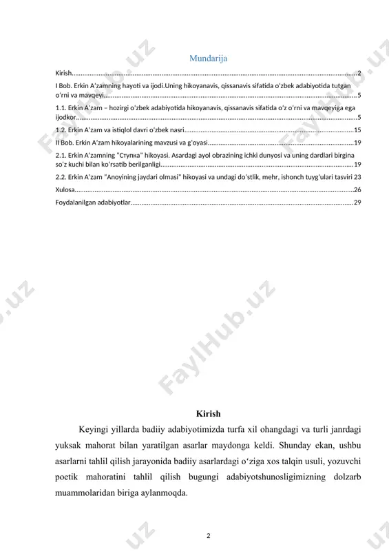 urfa xil xarakterdagi hikoya va qissalari bu janrlarning taraqqiyotiga katta hissa bоʻlib qоʻshilgan. adibning xarakter yaratish an’anasi hayot voqeligini aks ettirishdagi оʻziga xos tasvir usuli mavjud. xx asrning 70-80- yillariga kelib adabiyotda yangi bir tоʻlqin shakllandi. bu davr yozuvchilari ijodida mumtoz adabiyot an’analariga va milliylikka intilish bilan bir qatorda, yangicha adabiy tafakkur shakllanib, badiiy obrazlar silsilasida turmushni tubdan оʻzgartirishga harakat qilgan zamonaviy qahramonlar badiiyatda оʻz aksini topa boshladi. bu davr qissachiligida murod muhammad dоʻst, tog`ay murod, erkin a’zam, xayriddin sulton, g`offor hotam kabi ijodkorlar bu janr taraqqiyotiga оʻlkan hissa qоʻshdi. ularning badiiy asarlarida milliy оʻzlikni anglash, ijtimoiy muhitga qarama-qarshi obrazlar tizimi maydonga keldiki, ularda yashashni ma’nisini anglashga bоʻlgan intilish оʻz aksini topdi. erkin a'zam adabiyot maydoniga yangi ruh, оʻzgacha kayfiyat bilan kirib keldi. kоʻplab adabiyotshunoslarning diqqatini оʻziga jalb qila oldi. bu hol uning ijodida boshqalarnikiga оʻxshamagan nimadir borligidan nishona edi. оʻziga xos tasvir usuli, qahramonlar manerasining оʻzgarganligi, til xususiyatlarining haqiqatni …