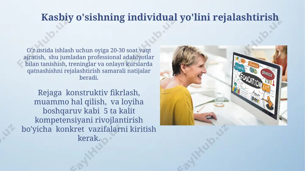 yotlarini 4 ta asosiy omil bilan bog'lashadi. o'qituvchining o'ziga xos xususiyatlarini rivojlantirish pedagogik mahoratni oshirishda o'qituvchining o'z-o'zini baholash va refleksiya qilish qobiliyatini rivojlantirish, kamida haftada 2 marta o'z darslarini tahlil qilib, kamchiliklarni bartaraf etishga qaratilgan. o'qituvchining kommunikativ kompetensiyasini rivojlantirish, ya'ni 5 ta asosiy til ko'nikmasini (eshitish, gapirish, o'qish, yozish, tilni tahlil qilish) mukammal egallab, o'quvchilar bilan samarali muloqot o'rnatishini ta'minlash muhim. o'z ustida ishlashning samarali strategiyalari o'z ustida ishlashning samarali strategiyasi sifatida, kuniga kamida 30 daqiqa yangi ko'nikmalarni o'rganishga bag'ishlash va shu jarayonni 21 kun davomida muntazam takrorlash kerak, bu miyani yangi ma'lumotlarni qabul qilishga o'rgatadi. "feinmann texnikasi" dan foydalanib, murakkab mavzularni sodda va tushunarli tarzda tushunib olishga harakat qiling. bu usul bilim darajangizni 30% ga oshirishga yordam beradi. o'z-o'zini o'qitishning zamonaviy usullari ma'lumotlarni chuqurroq tushunish uchun 5 ta turli manbalardan foydalanish va ularni taqqoslash natijasida bilim darajasini 40% ga oshirishga erishish mumkin. o'z ustida ishlashning zamonaviy usuli sifatida "pomodoro" …