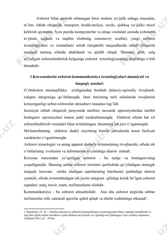 adi, ya’ni “international network” — xalqaro tarmoq va “interconnected networks” “tarmoqlararo” degan ma’noni anglatadi. u mahalliy (lokal) kompyuter tarmoqlarni birlashtiruvchi axborot tizimi bo’lib, o’zining alohida axborot maydoniga ega bo’lgan virtual to’plamdan tashkil topadi. internet tushunchasi 1994 yildan boshlab, internetda web texnologiyalari muvaffaqiyatli sinovlardan o’tib so’ng paydo bo’ldi. zero, internet texnologiyalari esa 1968 yil aqsh universitetlari orqali ixtiro qilingan. internet tizimining hozirgi kundagi ko’rinishi 2 – rasmda ko’rsatilgan. 2 - rasm. internet tizimi.[footnoteref:3] [3: xamdamov o’. r. - aholini zamonaviy axborot-kommunikatsiya texnologiyalari bilan yaqindan tanishtirish va targ‘ibot qilish uchun instruktor o‘qituvchilarni tayyorlash va o‘qitishga mo‘ljallangan o‘quv-uslubiy majmuasi. toshkent 2012 yil - 14 bet. ] 2-rasmda internet tizimi ko’rsatilgan. bunda, internet tarmogi “web server” orqali mijozlarni bir-biriga ulidi va unga ulangan barcha kompyuterlarning o’zaro ma’lumotlar almashish imkoniyatini yaratib beradi. internet tarmog’ining har bir mijozi o’zining shaxsiy kompyuteri orqali boshqa shahar yoki mamlakatga axborot uzatishi mumkin. bu esa axborot alamasish tiziminining tezligini ko’rsatadi. …