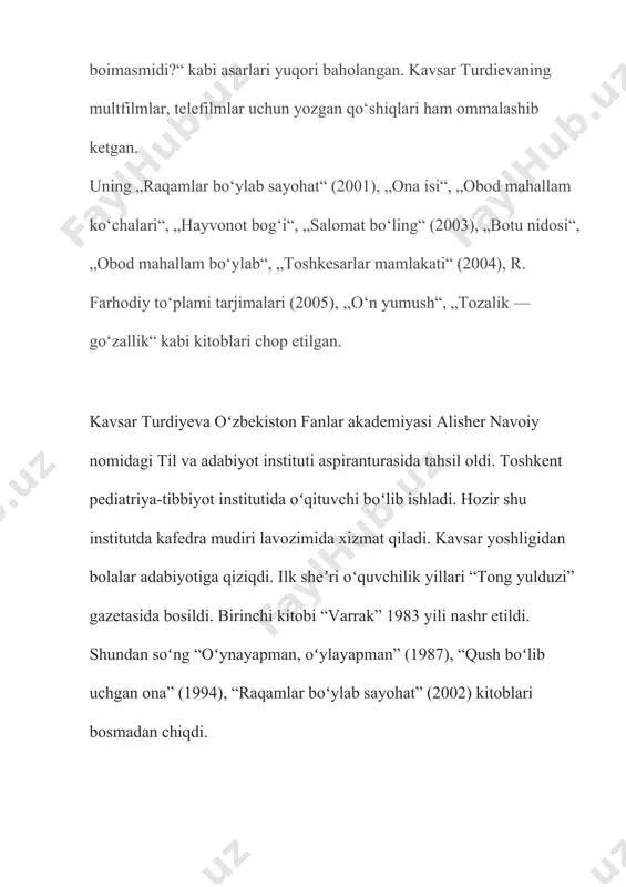 lida 1-oʻrinni oldi. “botu nidosi” (2004), “mitti qoʻgʻirchoqboz” (2007), “quvnoq alifbo olamiga sayohat” (2008), “sogʻinchlar sochilgan bekatda” (2011), “dunyoni saqlang, bolalar” (2012) kabi va boshqa sheʼriy toʻplamlari oʻquvchilar qoʻliga yetib bordi. kavsar turdiyeva ssenariychi sifatida faol ishlamoqda. chunonchi, “zumrasha” (1997–2001) kinojurnalida uning ssenariylari asosida oʻnga yaqin lavhalar suratga olingan. u ikki yuzdan ortiq qoʻshiqlar muallifi, oʻzbek va rus tillarida ijod qiladi. k. chukovskiy, s. marshak, l. barbas, r. farhodiy sheʼrlarini oʻzbek tiliga tarjima qilgan. 2009 yilda adabiyot yoʻnalishi boʻyicha “eng ulugʻ, eng aziz” tanlovining gʻolibi boʻldi. 2010 yil yakunlari boʻyicha “bolalarning sevimli shoirasi” nominatsiyasini qoʻlga kiritdi. tibbiyot oliy oʻquv yurtlarining rusiyzabon talabalari va hamshiralik fakulteti uchun “oʻzbek tili” darsligi (2006,2007), rus tili fanidan “30 shagov k russkomu yaziʼku” (2010) kitobi muallifidir. kavsar turdiyeva adabiy-ijtimoiy faoliyati uchun 2001 yilda “shuhrat” medali bilan taqdirlangan. vatan iqbol kutar g‘ayrat bo‘lib, shiddat bo‘lib, asov hayot toshar. daryo bo‘lib, ziyo bo‘lib, shoshil togiar osha. jumboqlarga …