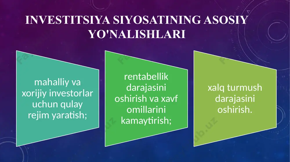 taqdim etish kabilar bilan investitsiya faoliyatida qatnashadi. investitsiya faoliyatini davlat tomonidan tartibga solishda quyidagi usullardan foydalaniladi: investorlarning erkin faoliyat yuritishlari uchun huquqiy asoslarni yaratish, mustahkamlash, takomillashtirib borish; - pul-kredit siyosati orqali; - vayulta siyosati orqali; - amortizatsiya siyosati orqali; - narx siyosati orqali; - dotatsiyalar, subsidiyalar tizimi orqali; - byudjet-soliq siyosati, jumladan, fiksal siyosat, turli soliqlardan imtiyozlar berish, soliq kreditlari orqali; har bir davlat investitsiya faoliyatini quyidagi maqsadlarda muvofiqlashtirib turadi: - bozor iqtisodiyoti sharoitiga kirib berish jarayonida davlatning iqtisodiy siyosati amalga oshirilishi; - davlatning fan-texnika siyosatini o’tkazish va buning asosida xo’jalik tabaqalarini mustahkamlash hamda jahon bozoriga chiqish; - mamlakat ijtimoiy siyosatini yuritish. o’zbekistonda investitsiya faoliyatining me’yoriy-qonuniy bazasi. mamlakatda investitsion munosabatlarni amalga oshirish va uning huquqiy tizmini tashkil etuvchi muayyan huquqiy asoslar yaratilgan. jumladan, o’zbekiston respublikasining “investitsiya faoliyati to’g’risida”gi, “chet el investitsiyalari to’g’risida”gi yangi tahrirda, “chet ellik investorlar huquqlarning kafolatlari va ularni himoya qilish choralari to’g’risida”gi qonunlar qabul qilindi. bu qonunlarda …