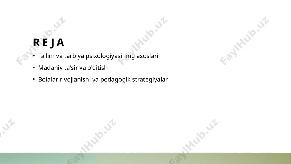shunish qobiliyatini oshirishga yordam beradi, bu esa ta'lim jarayonida muhimdir. 04 ijtimoiy o'zaro ta'sir bolalar o'rtasida ijtimoiy o'zaro ta'sirlar, do'stlik va hamkorlik ko'nikmalarini rivojlantiradi, bu esa ularning shaxsiy rivojlanishiga ijobiy ta'sir ko'rsatadi. ta'lim jarayonida madaniyatning roli va ta'siri. 01 madaniyat va ta'lim madaniyat ta'lim jarayonini shakllantiradi, o'quvchilarning qiziqishlari va o'rganish uslublarini belgilaydi, shuningdek, ularning umumiy rivojlanishiga ta'sir qiladi. 02 madaniy qadriyatlar o'quvchilarning madaniy qadriyatlari ularning ta'limga bo'lgan yondashuvini belgilaydi. bular o'zaro hurmat, an'analar va jamiyat bilan bog'liq. 03 ta'lim metodlari madaniyat ta'lim metodlari va strategiyalarini tanlashda muhim rol o'ynaydi, chunki har bir guruh o'ziga xos yondashuvlarni talab qiladi va o'ziga xos fikrlash uslublarini qo'llaydi. 04 madaniy integratsiya ta'lim jarayonida madaniy integratsiya o'quvchilarni turli madaniyatlar bilan tanishtirish orqali global fikrlashni rivojlantiradi va ularning ijtimoiy ko'nikmalarini yaxshilaydi. psixologik usullar va pedagogik strategiyalarni qo'llash. 1 psixologik usullar psixologik usullar o'qitishda o'quvchilarning psixologik holatini va motivatsiyasini yaxshilashga yordam beradi, shuningdek, individual ehtiyojlarga javob beradi. …
