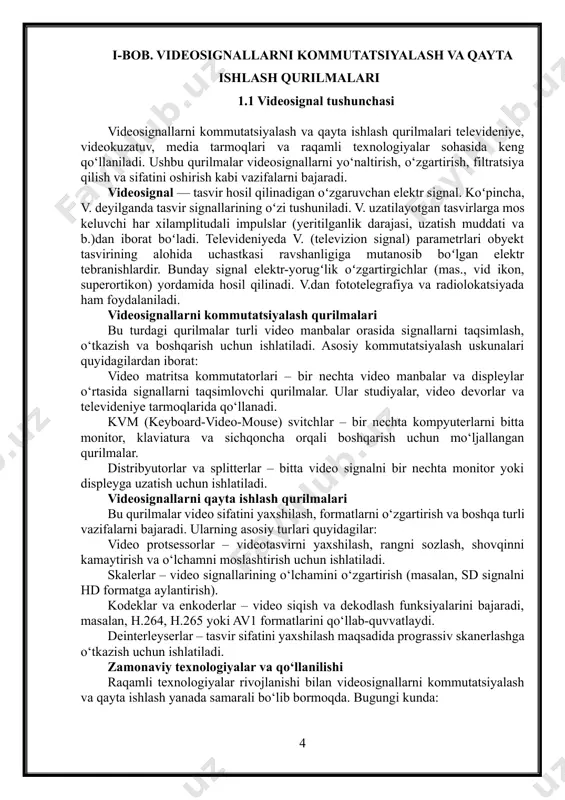 aydi. rang signali (chrominance – c) – tasvirning rangli bo‘lishi uchun kerak bo‘lgan ma’lumotlarni o‘z ichiga oladi. u ikkita komponentdan iborat: hue (rang toni) – qaysi rang uzatilayotganini bildiradi (qizil, ko‘k, yashil va hokazo). saturation (to‘yinganlik) – rangning qanchalik to‘yinganligini ifodalaydi. sinxronizatsiya signallari – tasvirning barqaror shakllanishini ta’minlaydi: gorizontal sinxronizatsiya – kadr ichidagi qatorlarni tekislash uchun ishlatiladi. vertikal sinxronizatsiya – kadrlar ketma-ketligini boshqaradi. videosignal turlari: videosignallar ikki asosiy turga bo‘linadi: analog va raqamli. analog videosignal analog videosignal uzluksiz elektr to‘lqinlari shaklida uzatiladi. eng mashhur analog formatlar quyidagilar: composite video – barcha videosignal komponentlari (yorqinlik, rang va sinxronizatsiya) bitta signalda uzatiladi. rca (sariq ulagich) orqali ulanadi. s-video (separate video) – yorqinlik va rang signallarini alohida uzatadi, bu composite videosignalga qaraganda sifatliroq tasvirni ta’minlaydi. component video (ypbpr) – yorqinlik va rang signallarini uchta alohida kanal orqali uzatadi, bu yuqori sifatli analog video tizimlarida qo‘llaniladi. vga (video graphics array) – kompyuter va monitor …