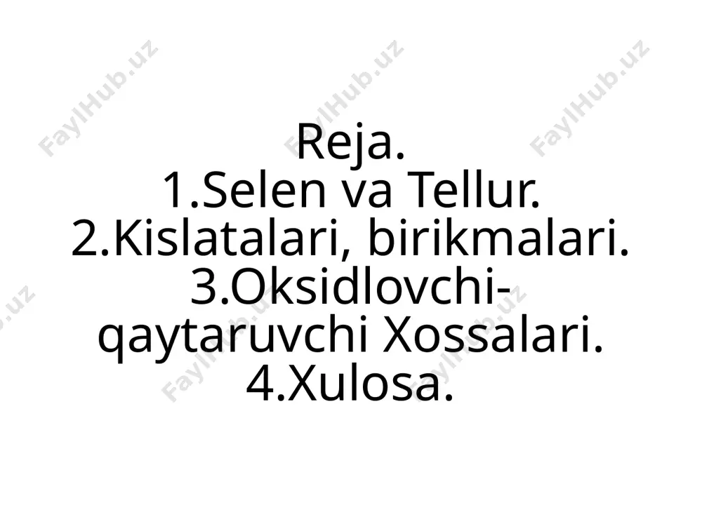 atida ishlatiladi. tellur. tellur (tellurium), te — mendeleyev davriy sistemasining vi guruhiga mansub kimyoviy element. tartib rakami 52; atom massasi 127,60. tellur 8 ta barkaror (massa sonlari 120, 122, 123, 124, 125, 126, 128, 130 bo'lgan) izotopdan iborat. bulardan |28te (31,79%) va 130te (34,48%) keng tarkalgan. uning bir necha sunʼiy radioaktiv izotopi olingan. ulardan |27te va |29te nishonli atomlar holida ishlatiladi. tellur ni dastlab 1782-yilda vengriyalik kon muhandisi tellur myuller fon reyxshteyn oltinli rudani tekshirish natijasida kashf etgan. nemis olimi tellur klaprot 1798-yilda myuller kashfiyotining to'g'riligini tasdiqladi va yangi elementga yerni sharaflab "tellur" (lot. tellus — yer) nomini berdi. tellur tarqoq element. yer po'stining massa jihatidan ~110~7% ini tashkil etadi. tellur tabiatda og'ir metallarning sulfidli rudalari tarkibida va mustaqil minerallari — kalaverit aite2, krennerit (ai, ag)te2, geye sit ag2te, tetradimit bi2te2s, tellur vismutit bi2te3 va boshqa holida uchraydi. tellur oqishkulrang, metallday yaltiroq, mo'rt kristall modda; zichligi 6,25 g/sm³, suyuqlanish temperaturasi …