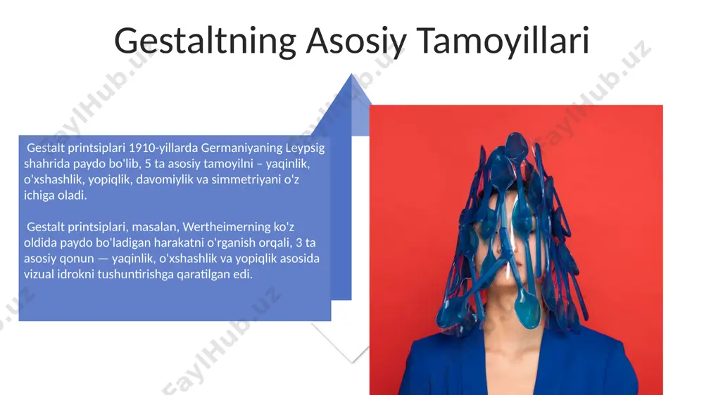 arning murakkabligini to'liq tushuntira olmasligini va 3 dan ortiq elementlar bilan ishlashda uning cheklanganligini ta'kidlashdi. gestalt printsiplari universal emasligi va madaniy farqlarni hisobga olmasligi, masalan, 1930-yillardagi yaponiya tadqiqotlarida ko'rsatilganidek, ba'zi illyuziyalar madaniyatga bog'liq bo'lishi mumkinligi tanqid qilingan. e'tiboringiz uchun rahmat @taqdimot_robot image4.jpg image5.jpg image6.jpg image7.jpg image8.jpg image9.jpg image10.jpg image11.jpg image12.jpg image13.jpg image14.jpg image15.jpg image16.jpg image17.jpg image1.jpeg image2.jpeg