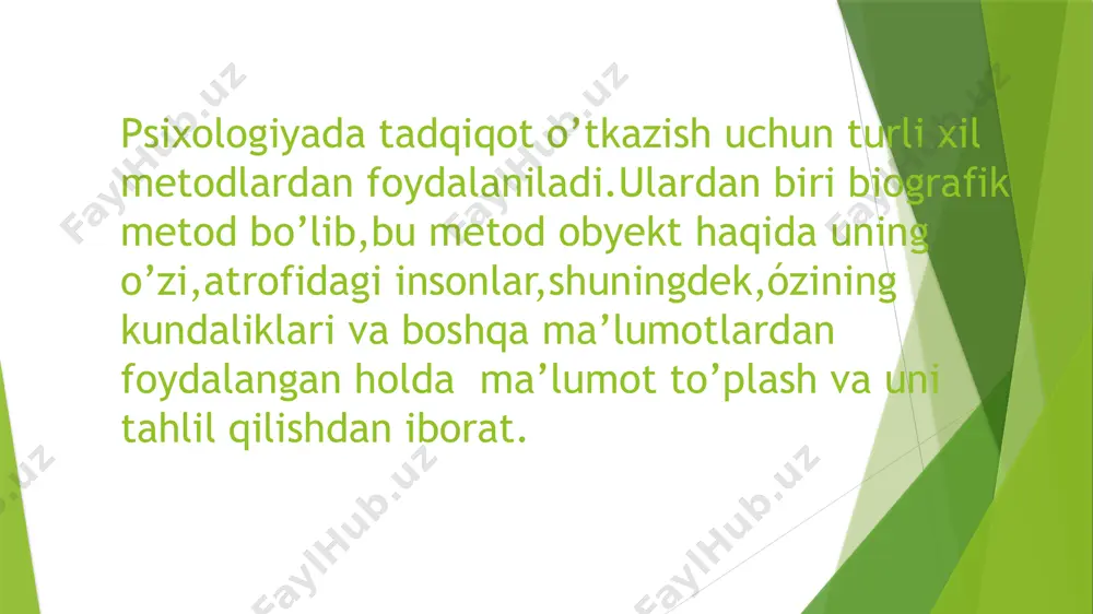 h hosil qilish imkonini beradi. psixologiyada keng qo’llanilivchi ushbu metod bir mechta kamchiliklarga ham ega: uzoq vaqt talab qilishi; individuallik talab qilishi (guruhli ravishda foydalanib bo’lmaydi); ma’lumotlarning xato bo’lishi; subyektivlik,ya’ni atrofdagilar obyekt haqida faqat o'zidan kelib chiqqan holda fikr bildiradi; ammo bu kamchiliklar boshqa metodlar bilan burga qo’llanilganda,kompensatsiya qilinishi mumkin xulosa qilib aytganda,biografiya metodi obyekt haqida nafaqat uning o,zi va atrofidagilar,balki unga oid bo’lgan yozma manbalar orqali kerakli ma’lumotlarni olish va undagi o’garishlarni o’rganish imkonini beradi. e’tiboringiz uchun rahmat! image1.jpeg image2.jpeg image3.jpeg image4.jpeg image5.jpeg image6.jpeg