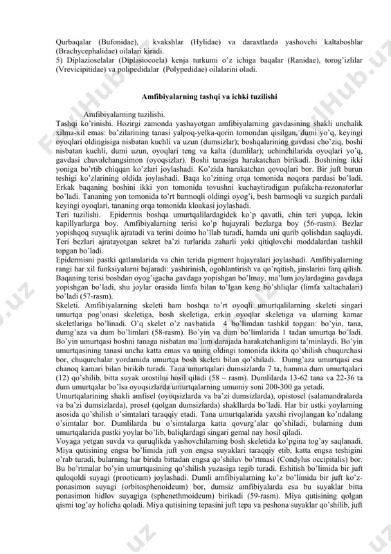 (cryptobranchus alleghensis)dir. burchak tishlilar (hynobiidae) degan ikkinchi oilasiga sibir to’rt barmoqli tritoni (hynobius uchar baqa.keyserlingii), yettisuv baqatishi (ranodon sibiricus), ussuriy tirnoqli tritoni (opychodactylus fischeri) kiradi. 2) ambistomatoidea kenja turkumiga faqat bitta ambistomidae oilasi kiradi va shimoliy hamda markaziy amerikada tarqalgan. ambistomalarning lichinkalariga axsolatl deb ataladi. lichinkalari voyaga yetgan ambistomadek bo’lib, metamorfoz davrini o’tmasdan jinsiy ko’payish qobiliyatiga ega. bu hodisaga neoteniya deb ataladi. 3) uchta turi bilan sirenlar (sirenidae) oislasini o’z ichiga olgan. meanter kenja turkumi shimoliy amerikada tarqalgan bo’lib, faqat nozik oldingi oyoqlari bor, tashqi jabralari umrbod saqlanadi. jabra va o’pkalari bilan nafas oladi. 4) proteylar (proteidea) kenja turkumi bitta proteylar (proteidea) oilasi va ikkita turni o’z ichiga oladi. yevropa proteyi yer osti suvlarida yashaydi. oyoqlari teri ostiga yashiringan, urug’lanishi ichki. amerika protei (necturus maculosus) shimoliy amerika ko’llarida yashaydi. 5) salamandralar (salamandroidea) kenja turkumi dumlilarni tipik vakillari hisoblanadi, urug’lanishi ichki va uchta oilani o’ziga birlashtiradi. amfiumlar (amphiumidae) oilasi faqatgina bitta …