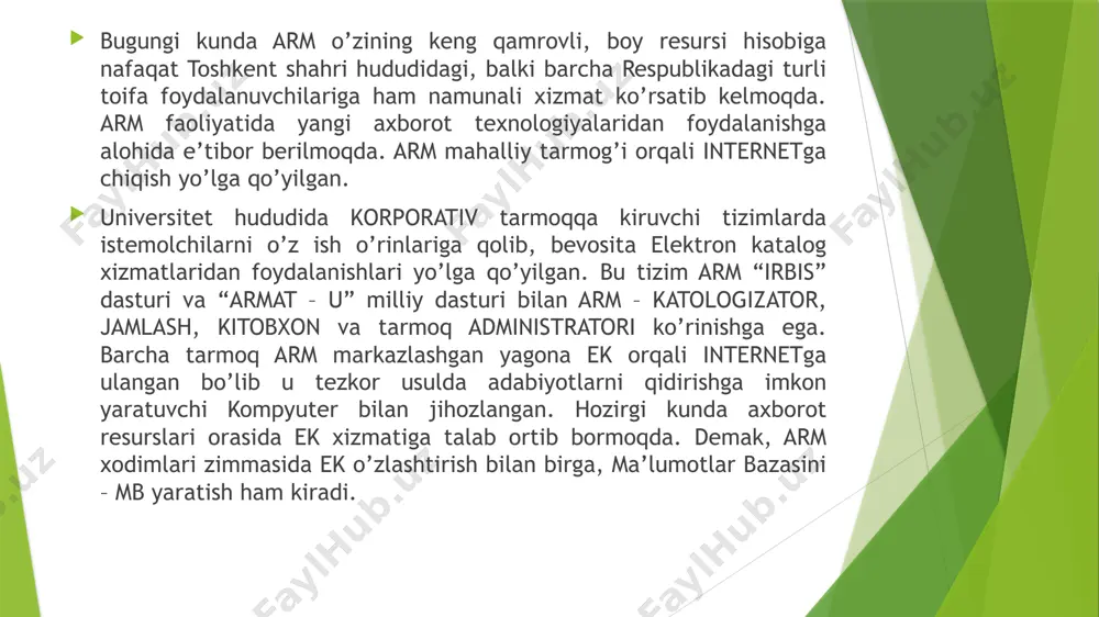 nallari tashkil qiladi. bu davriy nashrlarning nusxalari asosida, eng dolzarb mavzular bo’yicha maxsus jildlar yaratiladi. ek qiroatxonasi bo’limda barcha foydalanuvchilarga turli axborot tashuvchilar vositasida internat xizmatidan ochiq, bepul foydalanish yo’lga qo’yilgan. qiroatxona serverida tdtu o’qituvchilari tomonidan yaratilgan darslik, uslubiy qo’llanmalar to’liq matnlari jamlangan. ma’naviyat- ma’rifat bo’limi bo’lim faoliyatining asosini vatanimizga sodiq yosh, barkamol avlodni tarbiyasi tashkil qiladi. bu o’rinda mas’uliyat dolzarb mavzularda ko’rgazmalarni ommaviy qilib tayyorlash va o’tkazishga qaratiladi. fakultetlardagi tarmoq arm bu yo’nalishda arm asosiy maqsadi- sohaviy axborotlar tizimini iste’molchilarning talablari darajasida amalga oshirishdan iborat. «entsiklopediyalar, lug'atlar, ma'lumotnomalar» ensiklopediya (yunoncha enkyklios paideia - butun bilim doirasidagi mashg'ulotlar), ilmiy yoki ilmiy-ommabop nashrlarning bir turi; bilim va amaliyotning turli sohalariga oid alifbo, tematik (sistematik) yoki alfavit-tematik tartibda joylashtirilgan asosiy ma'lumotlar to'plami. birinchi lug'at 1225 yili bitilgan bo'lib, unga yod olinadigan lotincha diniy kalimalar zhamlangan edi. entsiklopediyalar turlari entsiklopediyalar materialni yoritishning o'ziga xos xususiyatlariga ko'ra quyidagilarga bo'linadi: universal sanoat (ma'lum bir bilim …