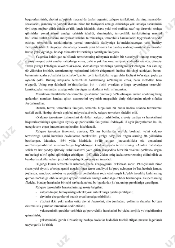 idagi mutaassib jangarilarni «fundamentalistlar» deb atash ham odat tusiga kirdi. shunday ekan, ekstremizm yoki fundamentalizmni faqat muayyan din bilan bog‘lash mutlaqo asossiz. xususan, islom dini, u bilan bog‘liq turmush tarzi va qadriyatlar majmui hech qachon ekstremistik tuzilmalarning go‘yo din va musulmon jamoasi ravnaqi yo‘lida amalga oshirayotgan terrorchilik xurujlarining asosiy sababi sifatida qaralishi mumkin emas. islom shiorlaridan tanlab foydalanadigan, dinning asl mohiyatini buzib talqin qiladigan ekstremistik tuzilmalar xuddi yuqoridagi kabi go‘yoki, keng xalq ommasi bilan uzviy birlik mavjudligini ko‘rsatish, aslida esa jamiyatda tartibsizlik va parokandalikni yuzaga keltirish uchun mablag‘ yig‘ish, asosiy tahdid manbai sifatida odamlar ongini egallash, jamiyatda beqarorlik keltirib chiqarish orqali hokimiyatga erishishdek ehtiyojlarini qondirish maqsadini ko‘zlaydi. hozirgi davrda ko‘plab ekstremistik uyushmalar va mutaassib harakatlar turli dinlar, shu jumladan, islom, xristianlik, yahudiylik dinlari ta’limotlaridan foydalanmoqdalar. aqidaparastlik (arab. - «aqida» - «ishonch», «biror narsani ikkinchisiga bog‘lash») muayyan sharoitda, biron-bir g‘oyaga qat’iy ishonib, uni mutlaqlashtirish asosida shakllangan qoida va tartiblarni sharoit, holat, …