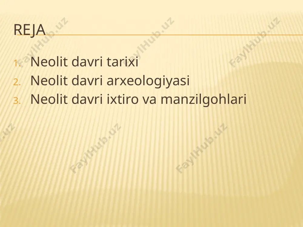 qtoshlardan yasalganligi bilan ham ajralib turadi. ularning har biri alohida geografik muxitga ega bo’lgan yerlarda joylashgan. neolit davri iqlimi hozirgi iqlim sharoitiga yaqin bo’lgan. o’rta osiyoning janubiy—g’arbiy hududining iqlimi issiq , dehqonchilik uchun qulay bo’lgan. markaziy va shimoliy viloyatlarida ham iqlimning isishi yaylov va cho’l zonalarini vujudga keltirgan. bu esa neolit davri jamoalarining hudud bo’ylab keng tarqalishiga olib kelgan. shuningdek, ular mezolit davridagidek daydi hayot kechirmay, o’troq turmush tarziga o’tadilar. doimiy yerto’la, kulba va loy, guvaladan qurilgan uylarda yashay boshlaydilar. o’troq turmush tarzi janubiy hududlarda dehqonchilikning kelib chiqishiga, cho’l mintaqalarda esa o’troq ovchilik xo’jaligining qaror topishiga olib keldi. neolit davri madaniyati mesopotamya yozuvining neolit urug’lari ozarbayjon neolit davri keromikasi oqchadaryo havzasidagi 3–4 ta makondan xam yarim yerto’la va chaylalar topilgan. masalan, qavat –7 makonidan maydoni 580kv.mga teng keladigan chayla topilgan. jonbos-4 atrofidagi taqirlardan neolit davriga oid ikkita qabrham topilgan. bu qizilqum mintaqasidan topilgan odam qoldiqlarining dastlabkisi bo’ldi. o’rta osiyo arxeologiyasi …