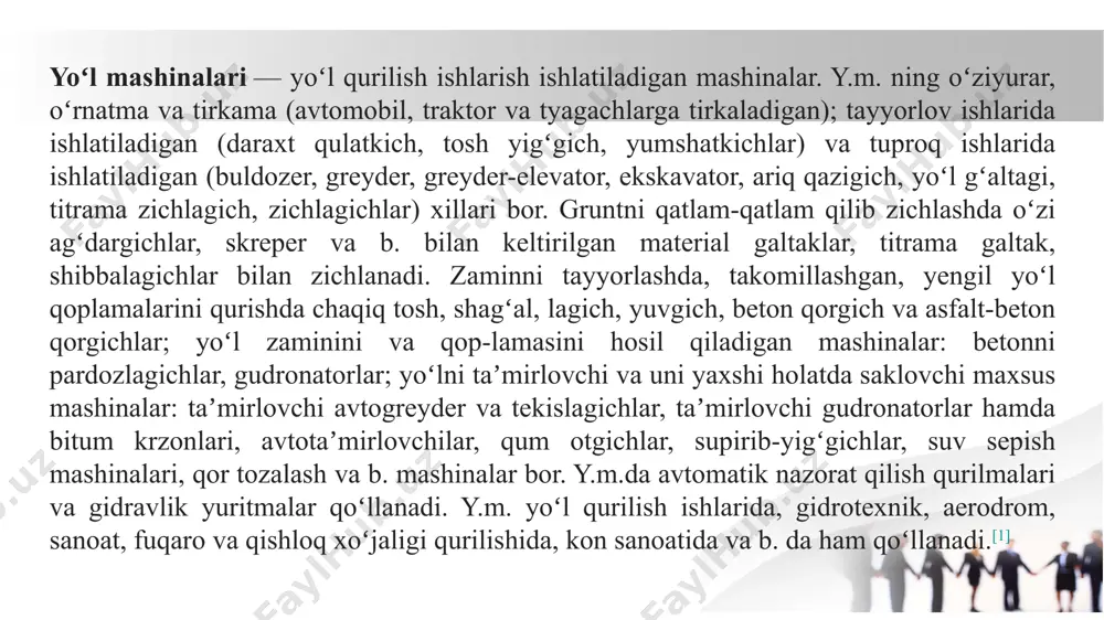 relsda harakatlanib, toʻla buriladigan ekskavator ishlab chiqarildi. keyinchalik ekskavator ning tuzilishi takomillashtirib borildi. ekskavator bir kovshli (uzluksiz yoki siklli ishlaydigan) va koʻp kovshli (uzluksiz ishlaydigan) xillarga boʻlinadi. ekskavator ning asosiy qismlari; kovsh (choʻmich), sharnirli quloch, kuch qurilmasi (dvigatel), buriladigan korpus va yurish qismi (gusenitsa, gʻildiraklar). bir kovshli ekskavator ning ish sikli kon jinsi yoki gruntni kesish yoki qazish, toʻlgan kovshni boʻshatish va kovshni zaboyga qaytarishdan iborat. ekskavator ning quvvati, turi va ish sharoitiga qarab, ish sikli 15—80 sek davom etadi. yurish qismlarining turiga koʻra, gusenitsali, gʻildirakli, odimlovchi, relsda yuradigan, suvda suzadigan, gʻildirakligusenitsali; kuch qurilmasining turiga koʻra, bir dvigatelli va koʻp dvigatelli; ichki yonuv dvigatelli, elektr, gidravlik, pnevmatik va aralash dvigatelli; boshqarish turiga qarab, qoʻlda, gidravlik, pnevmatik, elektr bilan va aralash boshqariladigan; ish organining turiga koʻra, toʻgʻri va teskari kurakli, draglaynli, greyferli va boshqa ekskavator lar boʻladi. toʻgʻri kurakli e. keng tarqalgan. bunday ekskavator lardan foydali qazilmalarni qazib olishda, qattiq va …
