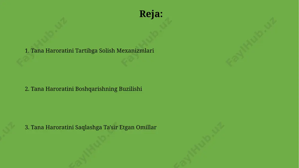 larining natijasi bo'lishi mumkin, gipertermiya esa, tashqi omillar ta'siri ostida, masalan, haddan tashqari jismoniy mashqlar natijasida yuzaga keladi. mushaklarning qisqarishi va issiqlik hosil bo'lishi mushaklarning maksimal kuch bilan qisqarishi, masalan, ogʻir yuk koʻtarishda, qisqa vaqt ichida katta miqdorda issiqlik ajralishiga olib keladi, bu esa tana haroratini tez koʻtarishi mumkin. mushaklarning qisqarishi, ayniqsa, skelet mushaklarining faol harakatlari natijasida, tana issiqligʻining 70% gacha hosil boʻlishiga sabab boʻladi, bu jarayon metabolizmning tezlashishi bilan bogʻliq. sovuq muhitda termoregulyatsiya sovuqda titroq refleksi faollashadi, bu esa mushaklarning ritmik qisqarishi natijasida issiqlik hosil bo'lishini 5-6 baravar oshiradi va organizmning hipotermiyadan himoyalanishini ta'minlaydi. sovuq muhitda tananing issiqlik yo'qotishini kamaytirish uchun periferik qon tomirlarining torayishi kuzatiladi, bu esa terining haroratini 2-3°c ga pasaytiradi va issiqlik yo'qotilishini sekinlashtiradi. nafaqat terlash orqali issiqlik yo'qotish terlash orqali tana haroratini tartibga solish jarayonida 1 litr ter chiqarish taxminan 580 kkal issiqlik yo'qotilishiga olib keladi. inson tanasining 80% gacha bo'lgan suvini ter bezlari orqali …