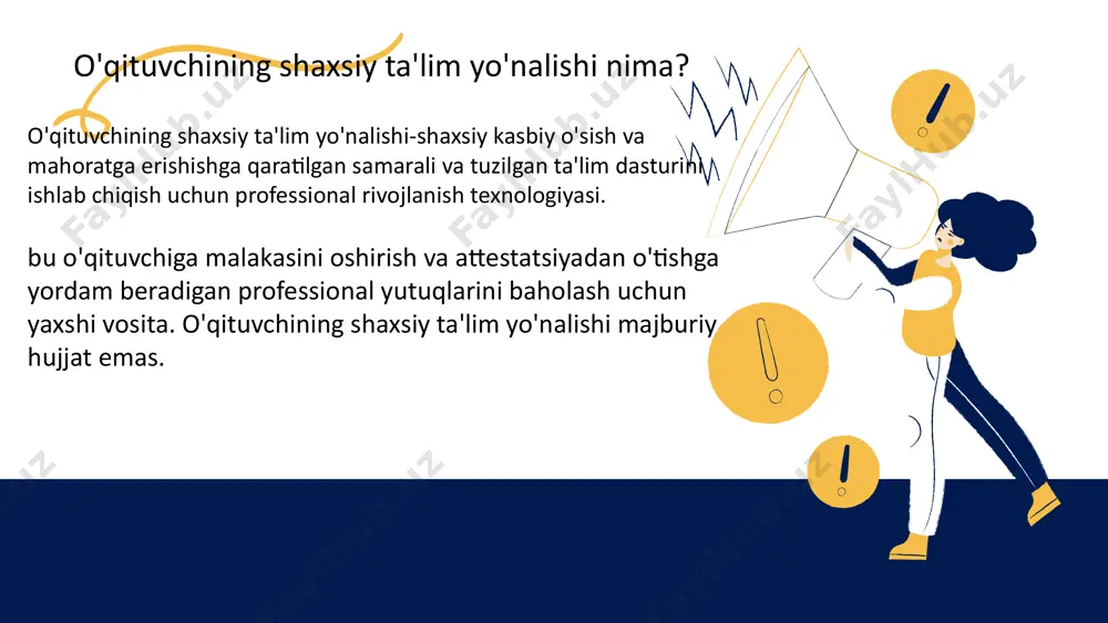 sh yaxshidir; - ularning professional faoliyatini ob'ektiv baholashga intilish muhimdir. bu maqsadlarni to'g'ri belgilash va pedagogik ishni eng foydali yo'nalishlarini tanlashga yordam beradi; o'qituvchining individual ta'lim yo'nalishini quyidagilarni o'z ichiga olishi kerak: 1. sarlavha sahifasi. * ta'lim muassasasining nomi * o'qituvchi i.f.sh * shahar, yaratilish yili 2. o'qituvchi haqida ma'lumot * f. i.o.; * egallab turgan lavozim; • ta'lim; * attestatsiya sanasi; * malaka toifasi; * malaka oshirish dasturlarini qabul qilish sanasi; * pedagogik tajriba 3. individual ta'lim yo'nalishini amalga oshirish uchun tuzilgan harakat rejasi * o'z-o'zini rivojlantirishning individual mavzusi; * vazifalar; * maqsad; * o'z-o'zini tarbiyalash shakli; * kutilgan natijalar; * muammo bo'yicha ish vaqti; kurs hisoboti shakli. 4. yo'l xaritasi 5. topilmalar bilan bajarilgan ishlarning diagnostikasi individual ta'lim faoliyatning yo'nalishlari: professional (kasbiy standartlar va dts xususiyatlari va talablarini o'rganish, ishchi dasturlarni ishlab chiqish, rejalashtirilgan attestatsiya, kasbiy mahorat tanlovlarida ishtirok etish); psixologik va pedagogik ( axborot texnologiyalarini rivojlantirishni hisobga …