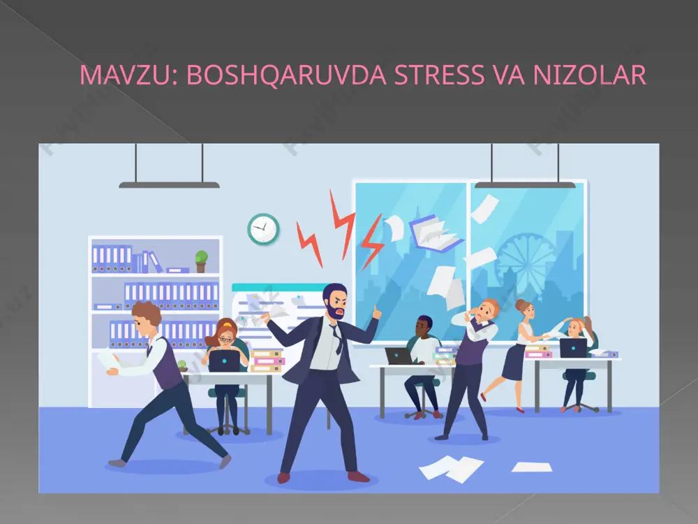 bir-birlari bilan bo'lgan munosabatlari asosida turli xil his-tuyg'ular va his-tuyg'ularga ega bo'lgan vaziyatda paydo bo'ladigan hissiy ziddiyatdir. odamlar o'zlarining xatti-harakatlari, biznes qilishlari, muloqot qilishlari bilan bir-birlarini g'azablantiradilar. bunday nizolarni hal qilish eng qiyin, chunki ular shaxsning psixikasi bilan bog'liq sabablarga asoslanadi. stress makes low quality communicate, plan, control, motivate make stess less and motivate tips ways ish joyidagi stress yuqori darajadagi talablar va ish jarayoni ustidan nazoratning past darajasidan kelib chiqishi mumkin. bu, birinchi navbatda, odamlarning o'zaro ta'siri va ularning mehnati natijasida yuzaga keladigan o'zgarishlar bilan bog'liq. stress inson va atrof-muhit o'rtasidagi o'zaro ta'sir natijasidir. u nafaqat hissiy va psixologik, balki insonning jismoniy sohasini ham qamrab oladi. stress omillari insonni o'rab turgan haqiqatda ham, uning psixologik muhitida ham. stress manbalari bo'lishi mumkin bo'lgan ishlaydigan va ishlamaydigan omillarni ajrating. stressni boshqarishning bir necha yo'li mavjud. stressni olib tashlash uchun ob'ektiv haqiqatni o'zgartirishingiz yoki odamning psixologik muhitini o'zgartirishingiz mumkin. boshqa hollarda, stress …