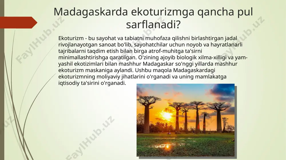 tini ham kuchaytiradi. biroq, madagaskarda ekoturizmning moliyaviy jihatlarini to'g'ri tushunish uchun daromad manbalarini va ular qanday taqsimlanishini o'rganish kerak. bundan tashqari, biz ekoturizmning iqtisodiy ta'sirini to'g'ri baholash va miqdoriy baholashda muammolarni ko'rib chiqishimiz kerak. ushbu maqola madagaskardagi ekoturizmning pul ahamiyatini yoritish uchun ushbu jihatlarning har birini ko'rib chiqadi. madagaskardagi ekoturizm: umumiy ko'rsatish madagaskar o'zining beg'ubor landshaftlari va ajoyib biologik xilma-xilligi bilan mashhur bo'lib, uni ekoturizm uchun asosiy manzilga aylantiradi. milliy bog'lar, qo'riqxonalar va dengiz ob'ektlarini o'z ichiga olgan qo'riqlanadigan hududlarning keng tarmog'i bilan mamlakat sayohatchilarga turli xil ekotizimlarni o'rganish, noyob yovvoyi tabiat bilan uchrashish va barqaror faoliyat bilan shug'ullanish imkoniyatini taqdim etadi. madagaskarda ekoturizm rivojlanishining asosiy sabablaridan biri bu endemik turlarning hayratlanarli sonidir. orolda dunyodagi barcha ma'lum o'simlik va hayvon turlarining taxminan 5% yashaydi, ularning 80% ga yaqini boshqa hech qanday joyda topilmaydi. ushbu biologik xilma-xillik nuqtasi olimlar, tabiat ixlosmandlari va sarguzasht izlovchilarni o'ziga jalb qiladi, ularning barchasi madagaskarning tabiiy …