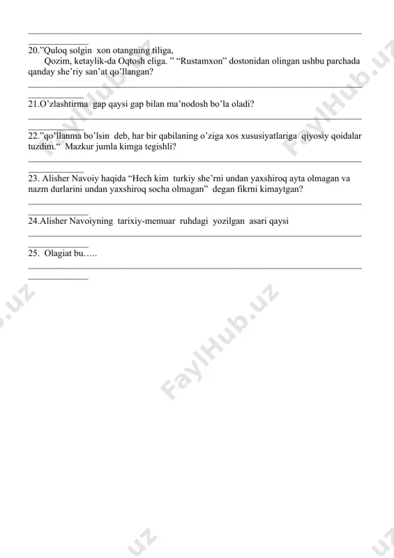 22. mahmud koshg’ariy 23. hakimshoh qazviniy 24. “vaqfiya”, “xamsat ul-mutahayyirin” 25. og’irlik
