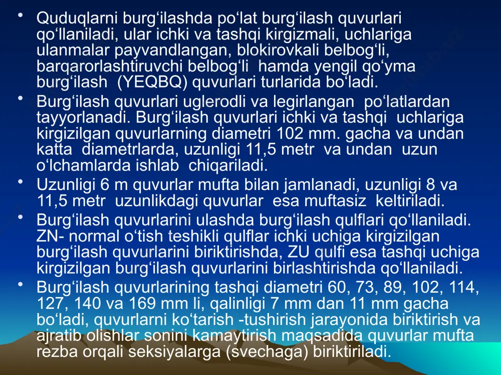 i haydash uchun teshikli tayanch–halqa – (14, 9, 10) turbinlarning 33-ta zinasi о‘rnatiladi. (5.5 va 5.6-rasmlar). undan keyin о‘rta tayanchning (12) va о‘rta tayanchlarning (13) (5.5, 5.6- rasm, v) vtulkasi, о‘rtacha tayanchning ikkinchi vtulkasi 33-ta turbinning zinasi, (10) va о‘rtacha tayanchning 34-zinasi о‘rnatiladi. shunday qilib, turbinning 100 ta zinasi va ikkita о‘rtacha tayanchlari о‘rnatiladi. 5.5-rasm. bir seksiyali truboburning sxemasi: a–turbobur yig‘ma holatda; b–yuqoridagi tirgak radial tayanch bitta zina; d–turboburning bitta zinasi; e-o‘rta tayanch; d-nippel. 1-uzatgich; 2-turbobur korpusi; 3-mahkamlash detallari; 4-tirgak vtulka; 5-tovon diski (tayanch disk); 6-pastki tovon (tayanch) tagi; 7-tovon halqasi; 8-rostlash halqasi; 9,10-turbinlar; 11-val; 12,13-o‘rta tayanch; 14-tirgak tayanch; 15-pastki radial-tayanchlar; 16-nippel. 5. ts – turidagi ikki seksiyali va zts – turidagi uch seksiyali turboburlar quduqlarning chuqurligi oshgan sari, burg‘ilash qurilmalarini mukammallashtirishga, ya’ni ikki seksiyali va uch seksiyali turboburlarni ishlab chiqishga tо‘g‘ri keldi. 5.8-rasmda ikki seksiyali turboburning quyi qismi yuqori seksiyasi (i) va yuqori qismi pastki seksiyalari (ii) tasvirlangan. korpusning …