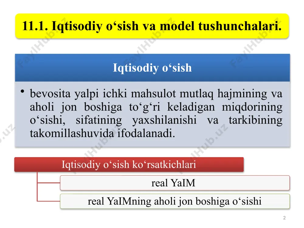 : o’s – iqtisodiy o‘sish sur’ati, foizda; 〖𝑌𝑎𝐼𝑀〗_(𝑏𝑎𝑧𝑖𝑠 𝑑𝑎𝑣𝑟) – taqqoslanayotgan davr (yil)dagi real yaim hajmi; 〖𝑌𝑎𝐼𝑀〗_(𝑗𝑜𝑟𝑖𝑦 𝑑𝑎𝑣𝑟) – joriy davr (yil)dagi real yaim hajmi. investitsiya tovarlari iste’mol tovarlari y2000 y2008 8 iqtisodiy o‘sish natijasida milliy iqtisodiyot ishlab chiqarish imkoniyatlarining kengayishi к т = 70 9 bu yerda т yaimni 2 baravarga oshirish uchun talab qilinadigan vaqt к iqtisodiy o‘sish sur’ati «70 miqdori qoidasi» xolbuki, iqtisodiy o‘sishning 2000 yildagi 4,0% darajasida bu ko‘rsatkichga 17,5 yilda (70:4) erishish mumkin edi. 10 2- rasm. o‘zbekistonda yalpi ichki mahsulotning yillar davomida o‘sish dinamikasi, foizda manba: o‘zbekiston respublikasi davlat statistika qo‘mitasi ma’lumotlari. 11 iqtisodiy o’sish turlari 11 ekstensiv iqtisodiy o‘sishga ishlab chiqarishning avvalgi texnikaviy asosi saqlanib qolgan holda ishlab chiqarish omillari miqdorining ko‘payishi tufayli erishiladi. iqtisodiy o‘sishning intensiv turi sharoitida mahsulot ishlab chiqarish miqyoslarini kengaytirishga ishlab chiqarish omillarini sifat jihatidan takomillashtirish, yanada ilg‘or ishlab chiqarish vositalarini va yangi texnikani qo’llash, ishchi kuchi malakasini oshirish, …