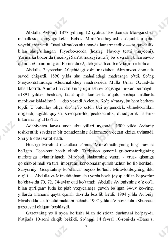 ’lishi bilan ham muhim edi. 1914—15 yillarda advokat ubaydulla xo’jayev2 bilan «sadoyi turkiston» gazetasida hamkorlik qiladi. gazetadagi she’r va ma-qolalarning aksariyati avloniy qalamiga mansub. bu hol uning tahririyatdagi mavqye’-e’tiborining ancha baland bo’lganligini ko’rsatadi. lekin gazeta uzoq davom etmadi. 66 soni chiqib, mod-diy ahvolning tangligidan yotib qoldi3. umuman, avloniy 1904—1905 yillardan ham ijodiy, ham ama-liy ish bilan qizg’in shug’ullandi. o’z she’rlarini «hijron» ta-xallusi bilan e’lon qildi. maqolalarini esa «mulla abdulla», «avloniy», «abdulla avloniy» nomlari bilan bostirdi. so’ngroq uning ko’p ishlatgan laqablaridan biri «indamas» bo’lgan edi. 1909 yilda «jamiyati xayriya» ochdi va mahalliy xalq bolala-rining o’qib bilim olishi uchun pul yig’ib, maktablarga tarqatdi. bu haqda hatto orenburgdagi «vaqt» gazetasi yozib chiqdi. 1913 yilning oxirida toshkentlik mashhur jadidlar-taraqqiy parvarlarning tashabbusi bilan «turon» jamiyati maydonga keldi. uning muassislaridan biri avloniy edi. jamiyat qoshida teatr truppasi tuzildi. avloniy truppasi sahnalashtirgan birinchi asar behbudiy-ning «padarkush»i bo’ldi. 1914 yil 27 fevral toshkentning 2000 kishilik muhtasham «kolizey» teatri4 …